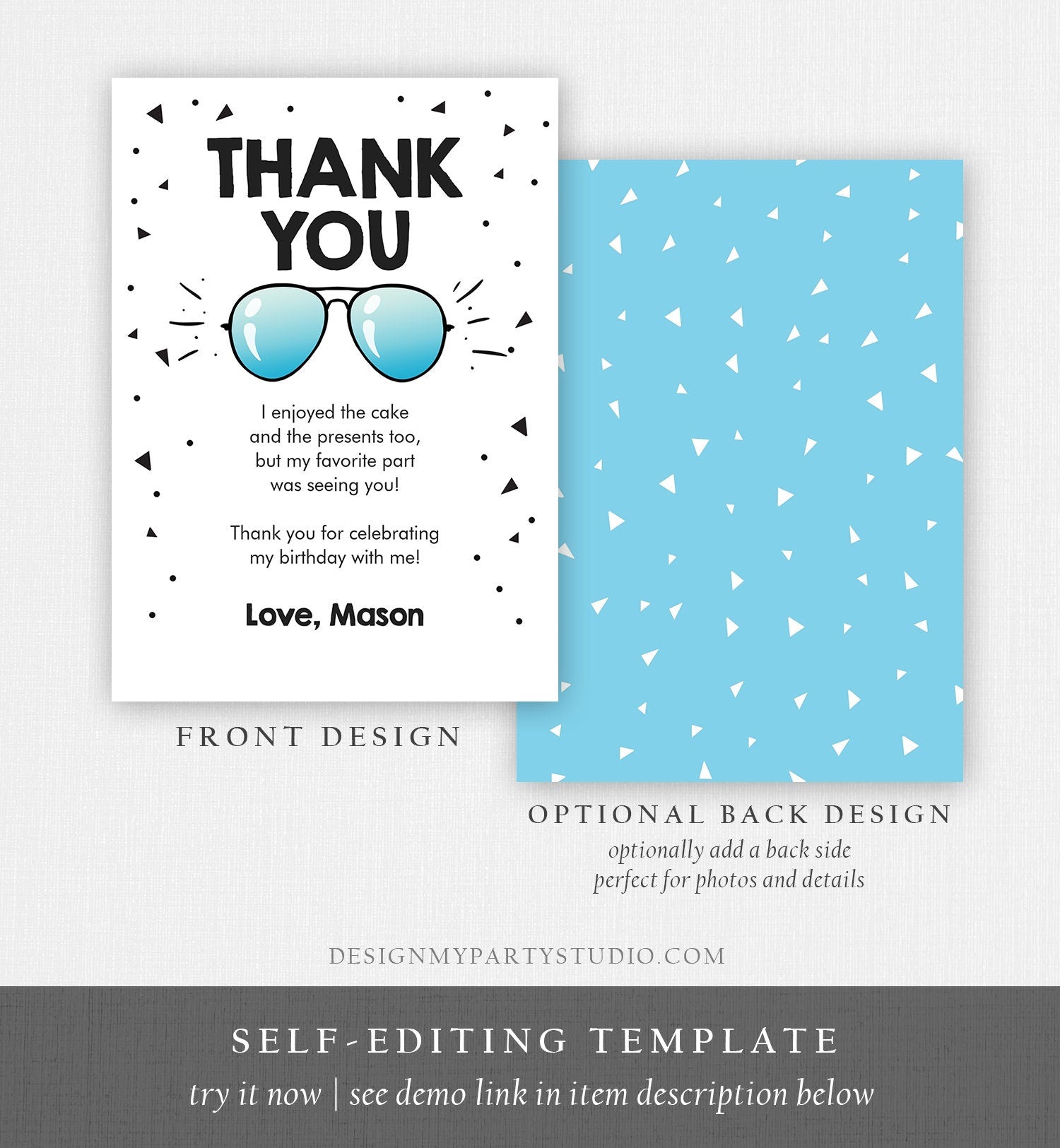 Editable Thank You Card Two Cool Birthday Boy Pilot Sunglasses Second Birthday Party Note 2nd White Photo Corjl Template Printable 0136