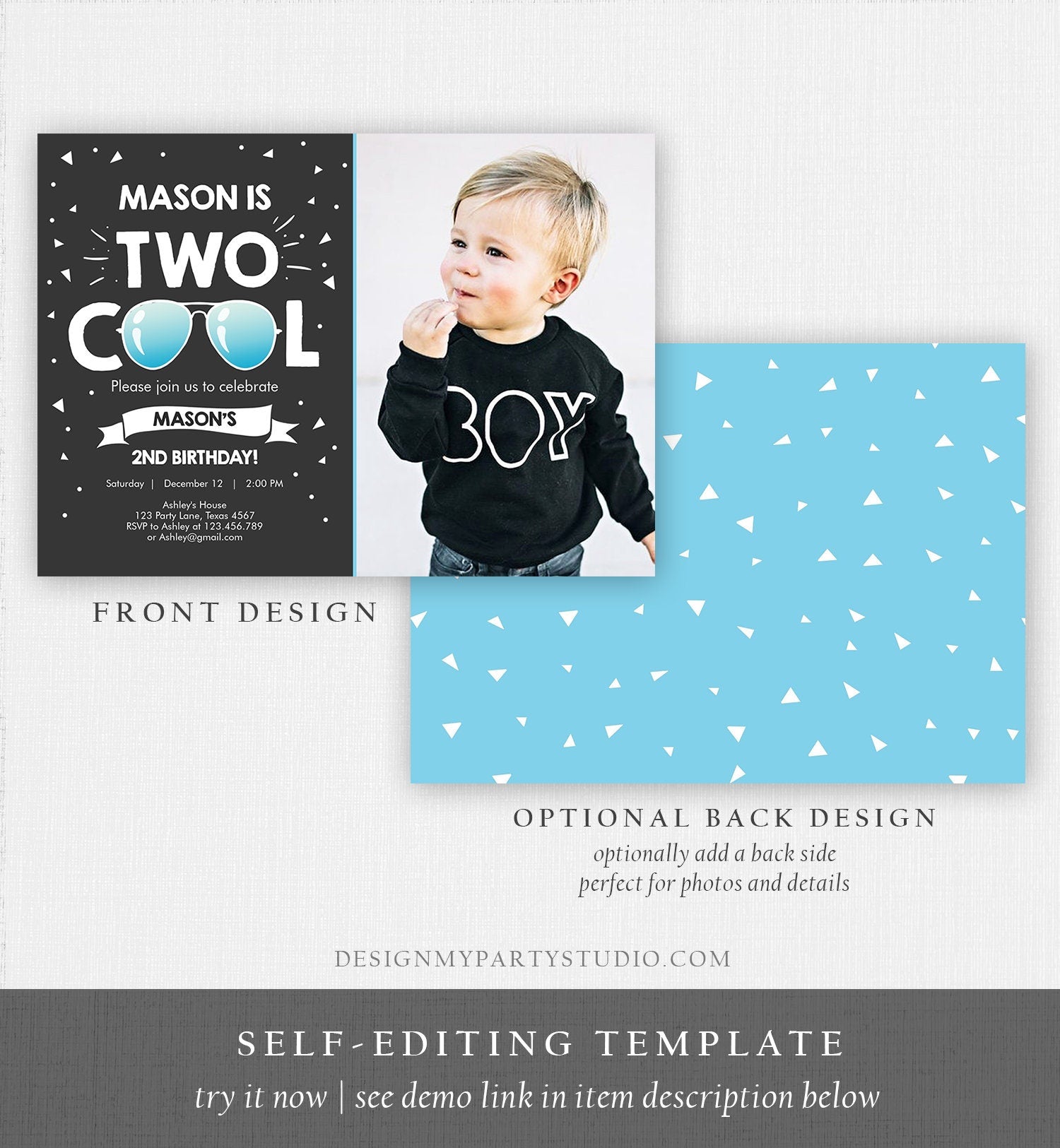 Editable Two Cool Birthday Invitation Boy Second Birthday Party 2nd I'm Two Cool Pilot Sunglasses Photo Digital Template Printable 0136