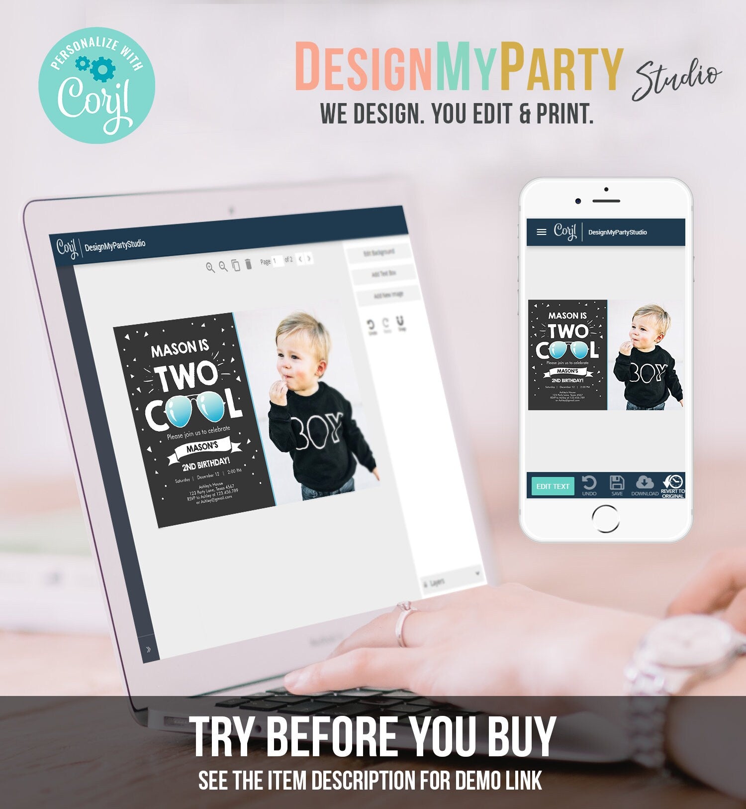 Editable Two Cool Birthday Invitation Boy Second Birthday Party 2nd I'm Two Cool Pilot Sunglasses Photo Digital Template Printable 0136