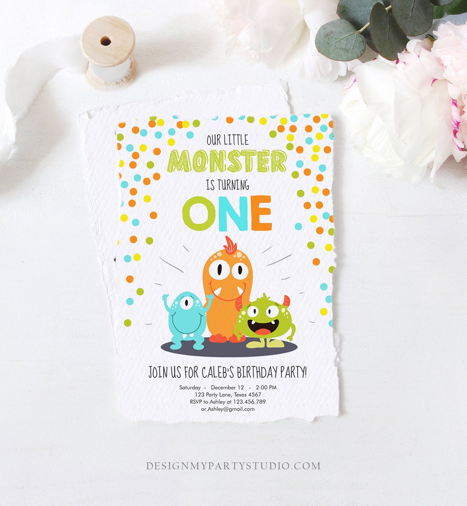 Editable Little Monster Birthday Invitation First Birthday Party Monsters Boy Confetti 1st Orange Blue One Printable Corjl Template 0058