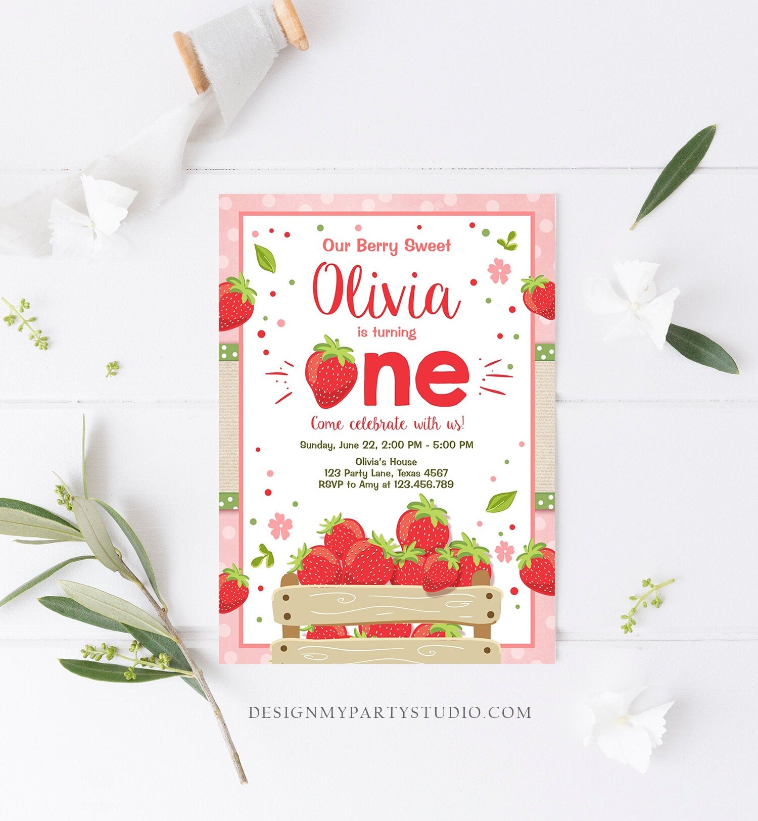 Editable Strawberry Birthday Invitation Girl First Birthday Berry Sweet Strawberries Pink Digital Download Evite Template Printable 0091