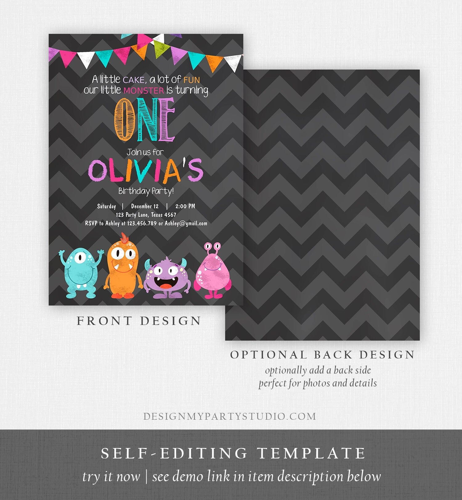 Editable Little Monster Birthday Invitation First Birthday Party Monsters Confetti 1st Girl Pink Purple Teal Printable Corjl Template 0058