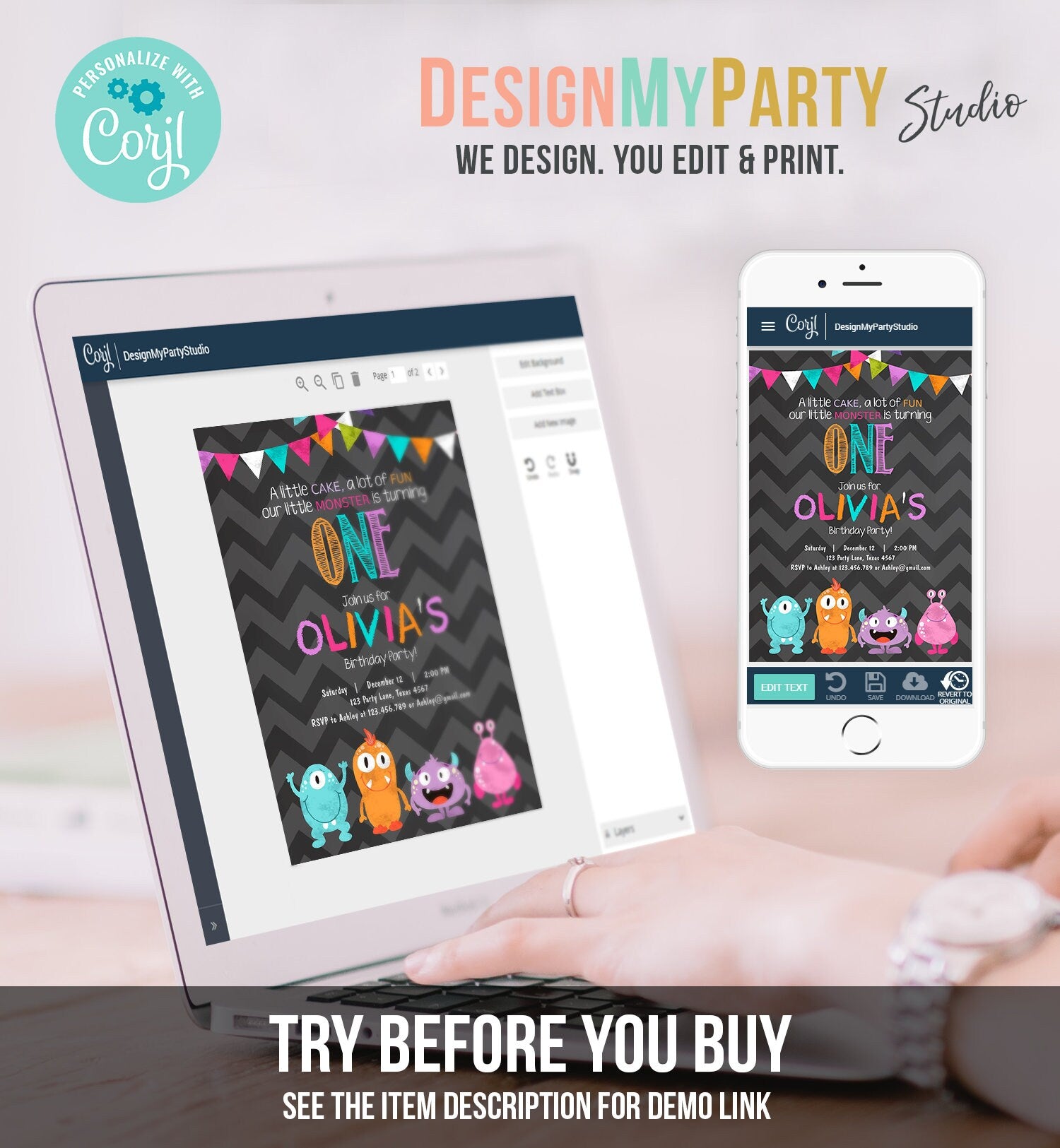 Editable Little Monster Birthday Invitation First Birthday Party Monsters Confetti 1st Girl Pink Purple Teal Printable Corjl Template 0058