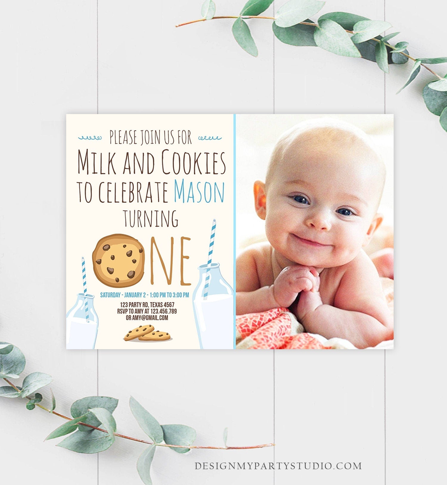 Editable Milk and Cookies Birthday Invitation Milk Cookies Party Boy Birthday Blue First Birthday Digital Download Template Printable 0088