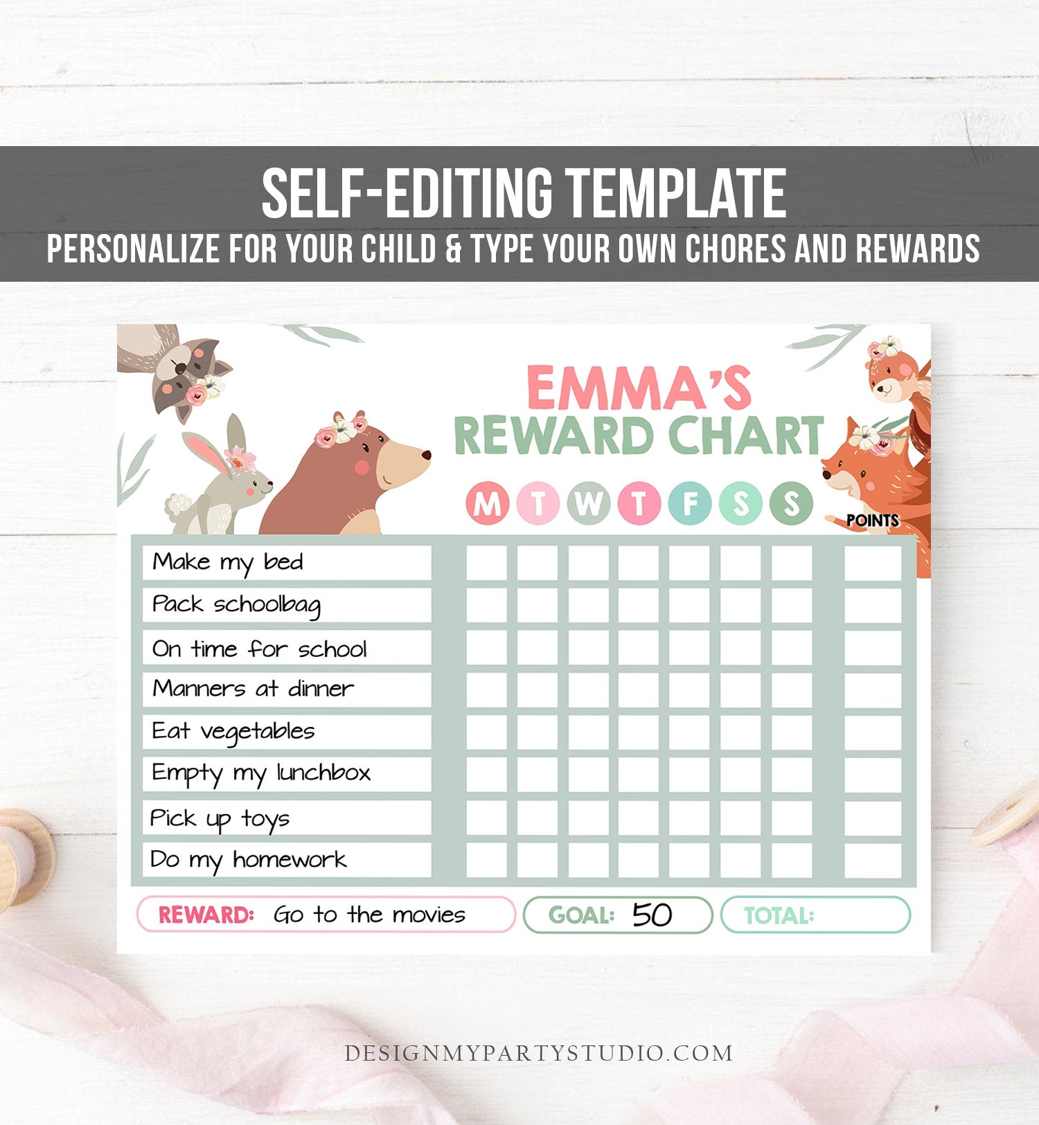 Editable Woodland Animals Reward Chart Chore Chart for Kids Routine Chart Pink Girls Fillable Chore Chart Printable Corjl Template 0222