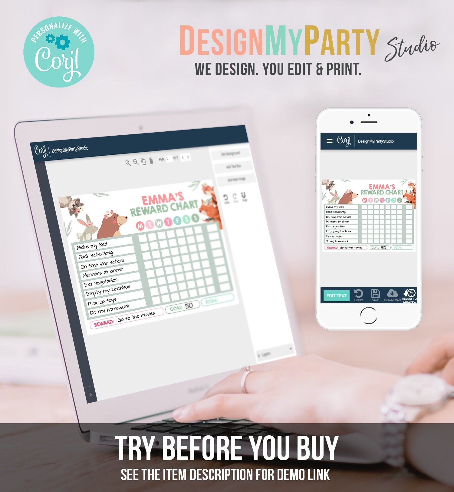 Editable Woodland Animals Reward Chart Chore Chart for Kids Routine Chart Pink Girls Fillable Chore Chart Printable Corjl Template 0222