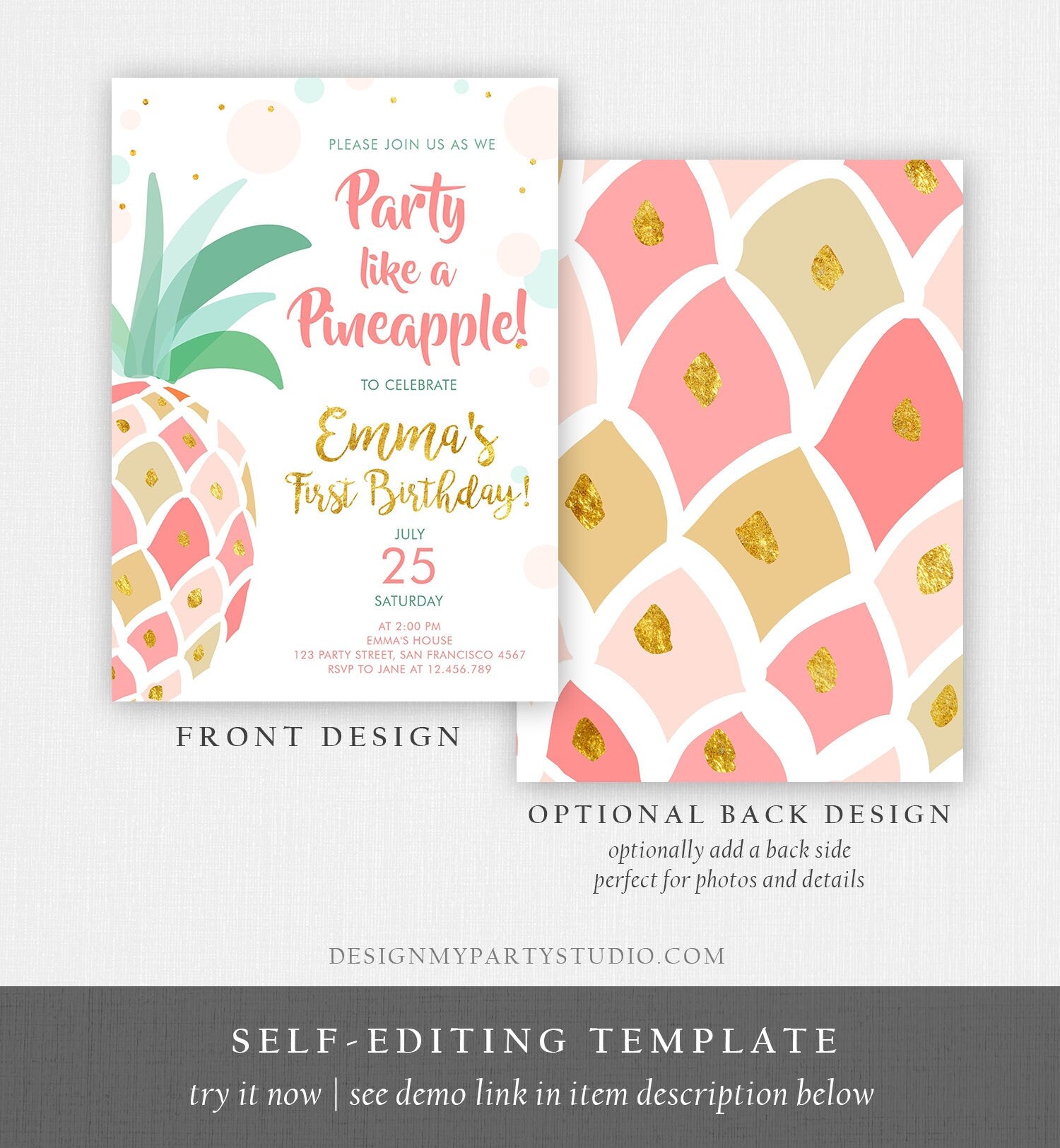 Editable Pineapple Birthday Invitation Party like a Pineapple Aloha Tropical Luau Party Girl First Birthday Gold Pink Corjl Template 0202