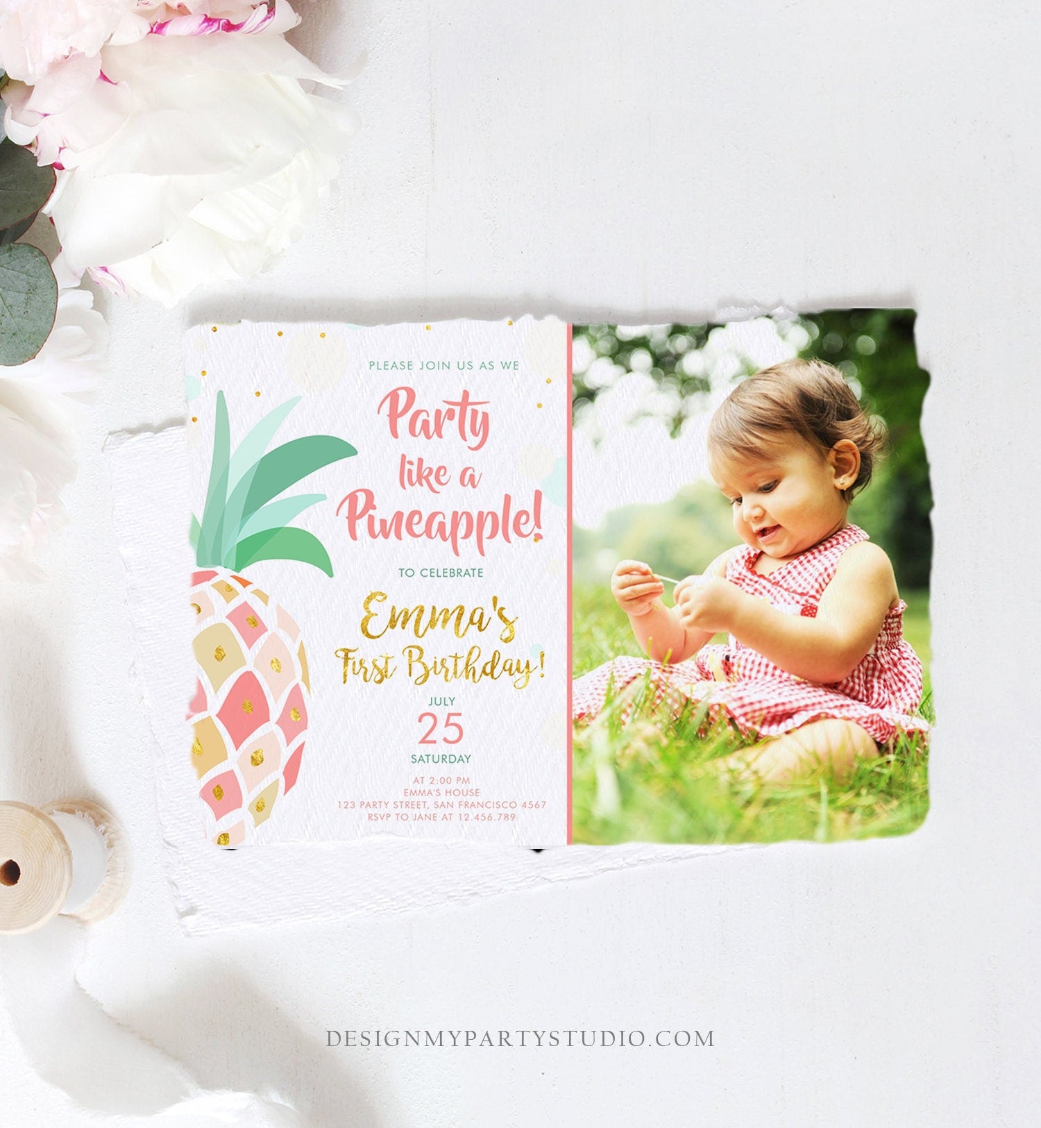 Editable Pineapple Birthday Invitation Party like a Pineapple Aloha Tropical Luau Party Girl First Birthday Gold Pink Corjl Template 0202