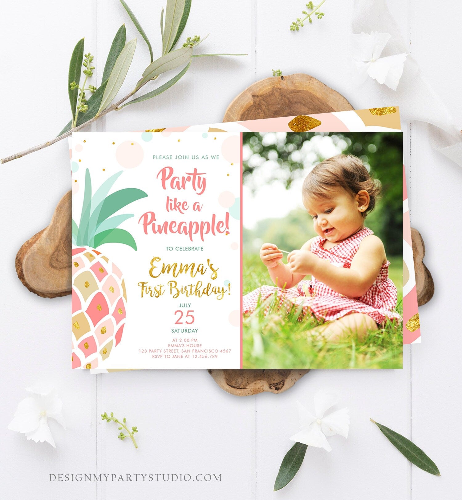 Editable Pineapple Birthday Invitation Party like a Pineapple Aloha Tropical Luau Party Girl First Birthday Gold Pink Corjl Template 0202
