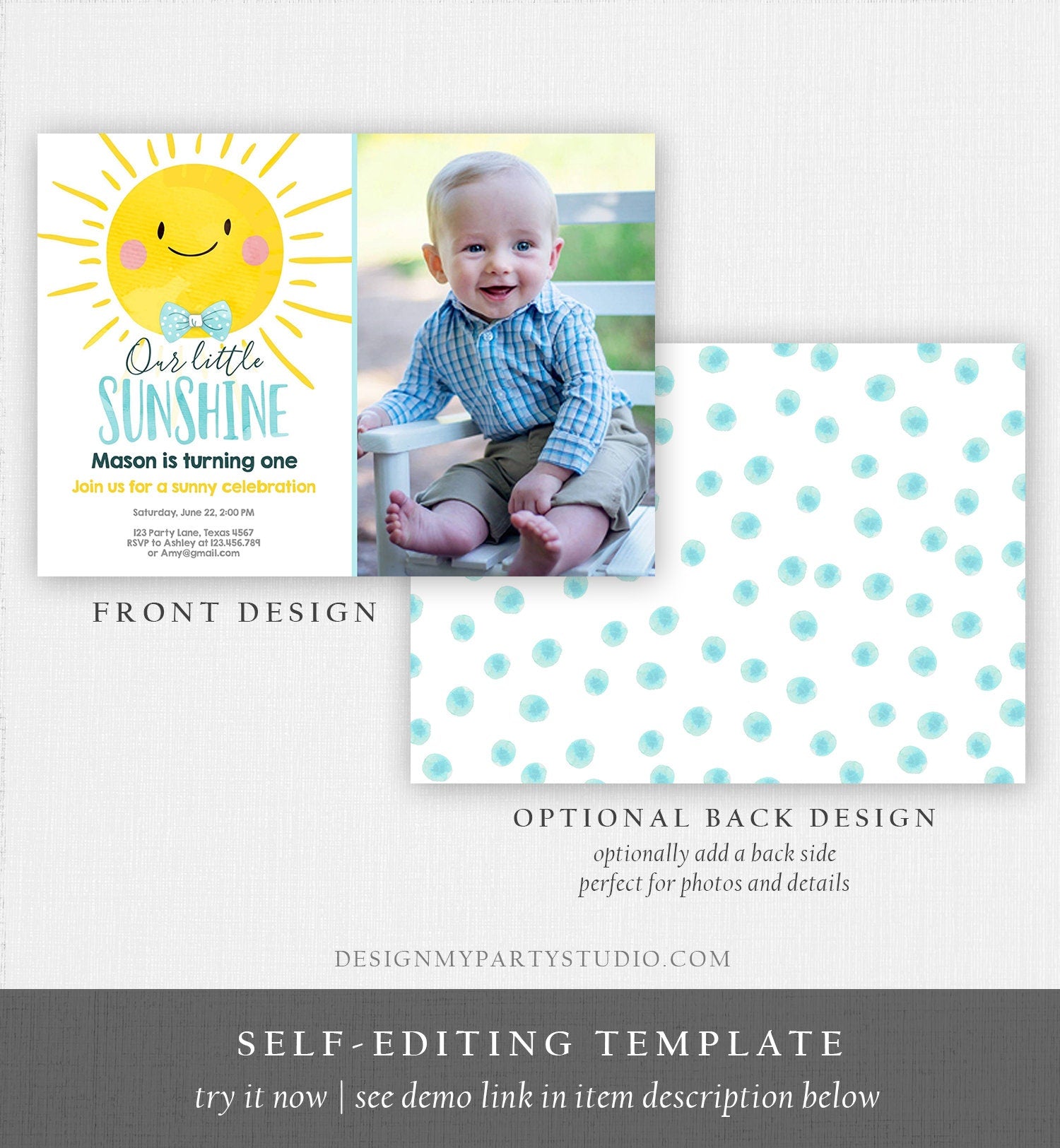 Editable Birthday Invitation Little Sunshine Summer Sunshine Party Boy Birthday Blue Digital Download Evite Template Printable 0141