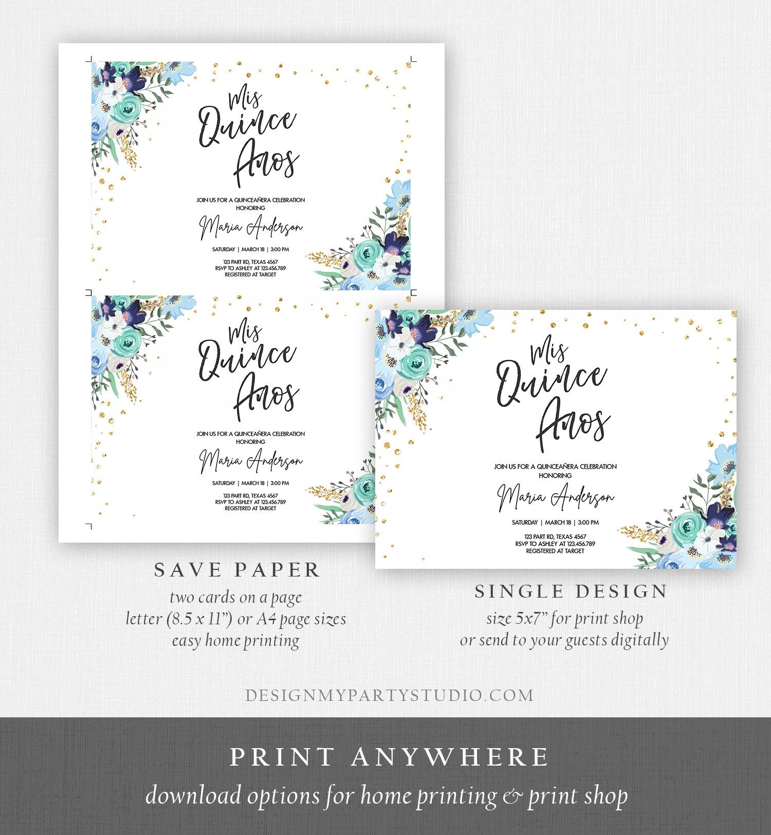Editable Quinceañera Mis Quince Años Birthday Party Invitation Floral Royal Blue Gold Confetti Flowers Printable Template Corjl 0030