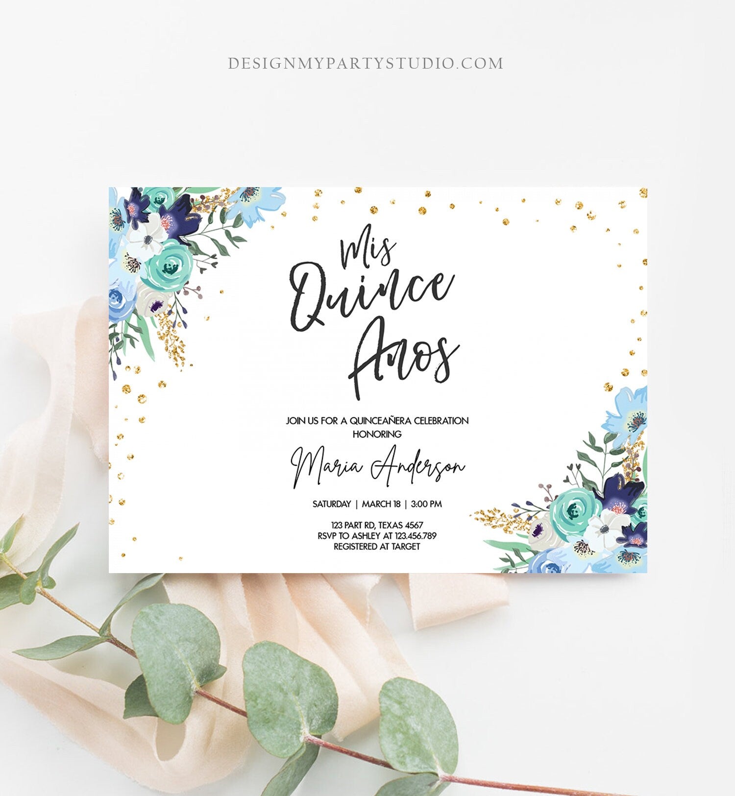 Editable Quinceañera Mis Quince Años Birthday Party Invitation Floral Royal Blue Gold Confetti Flowers Printable Template Corjl 0030