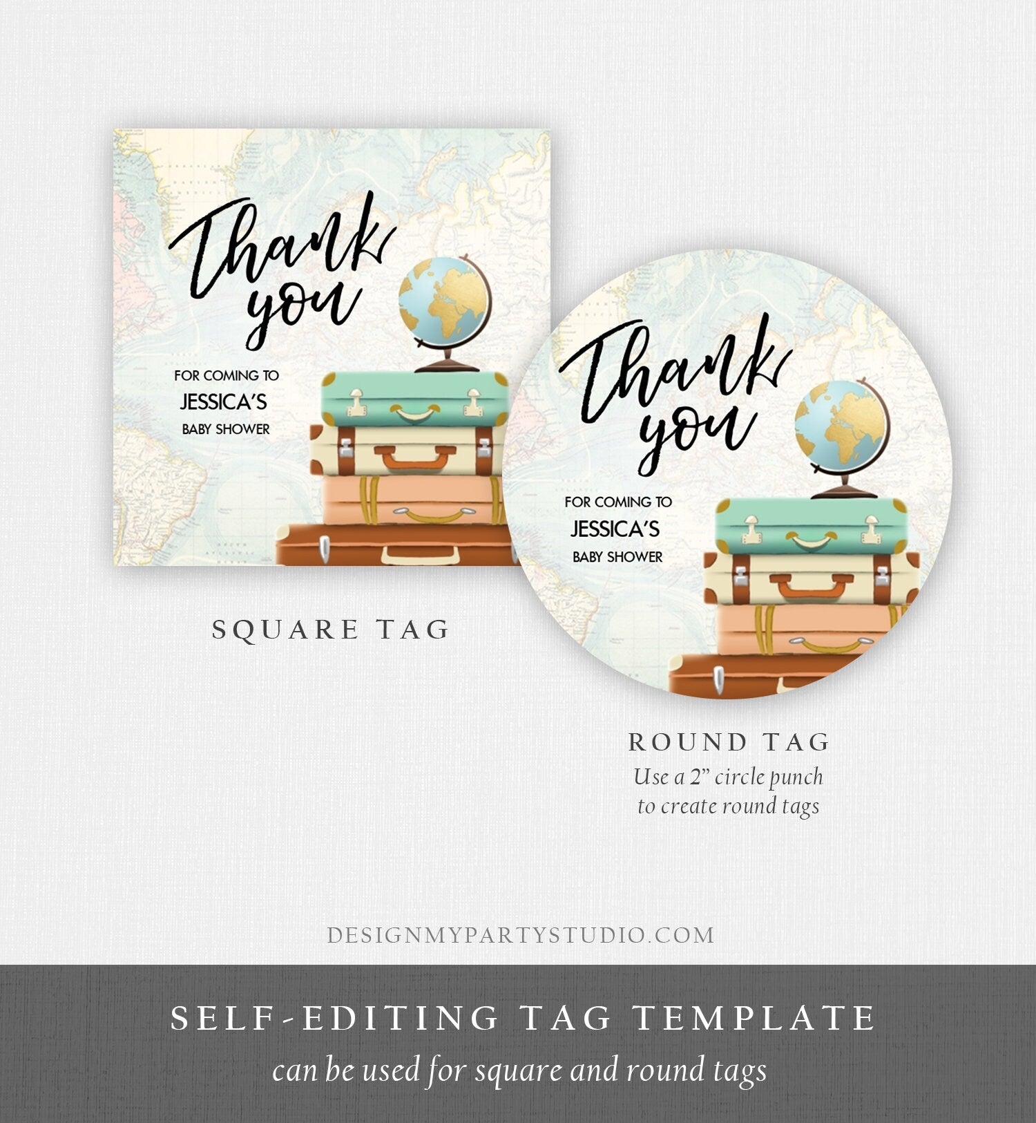 Editable Travel Thank You Tag Adventure Bridal Shower Favor Labels Adventure Round Stickers Suitcases Download Corjl Template PRINTABLE 0263