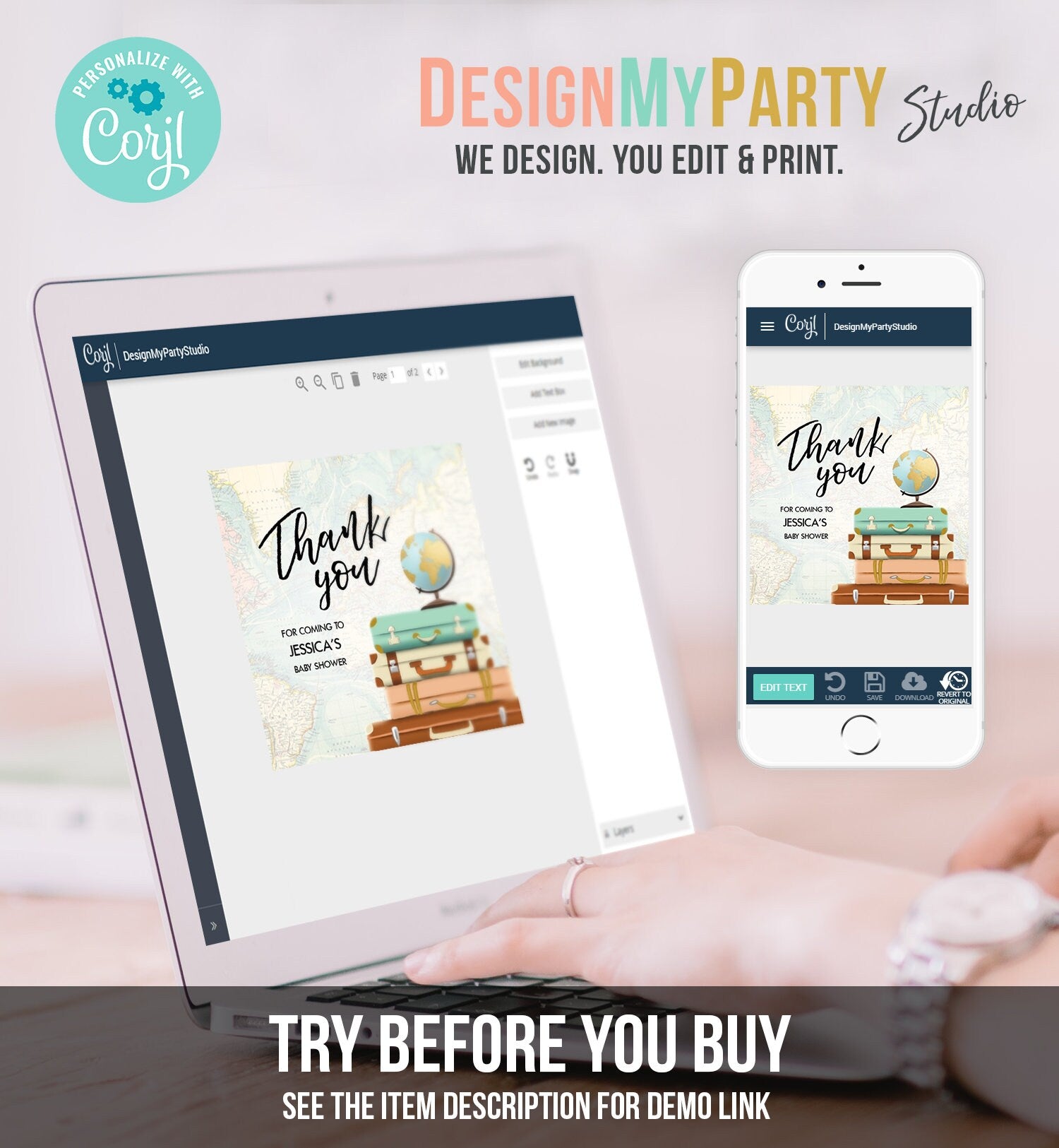 Editable Travel Thank You Tag Adventure Bridal Shower Favor Labels Adventure Round Stickers Suitcases Download Corjl Template PRINTABLE 0263