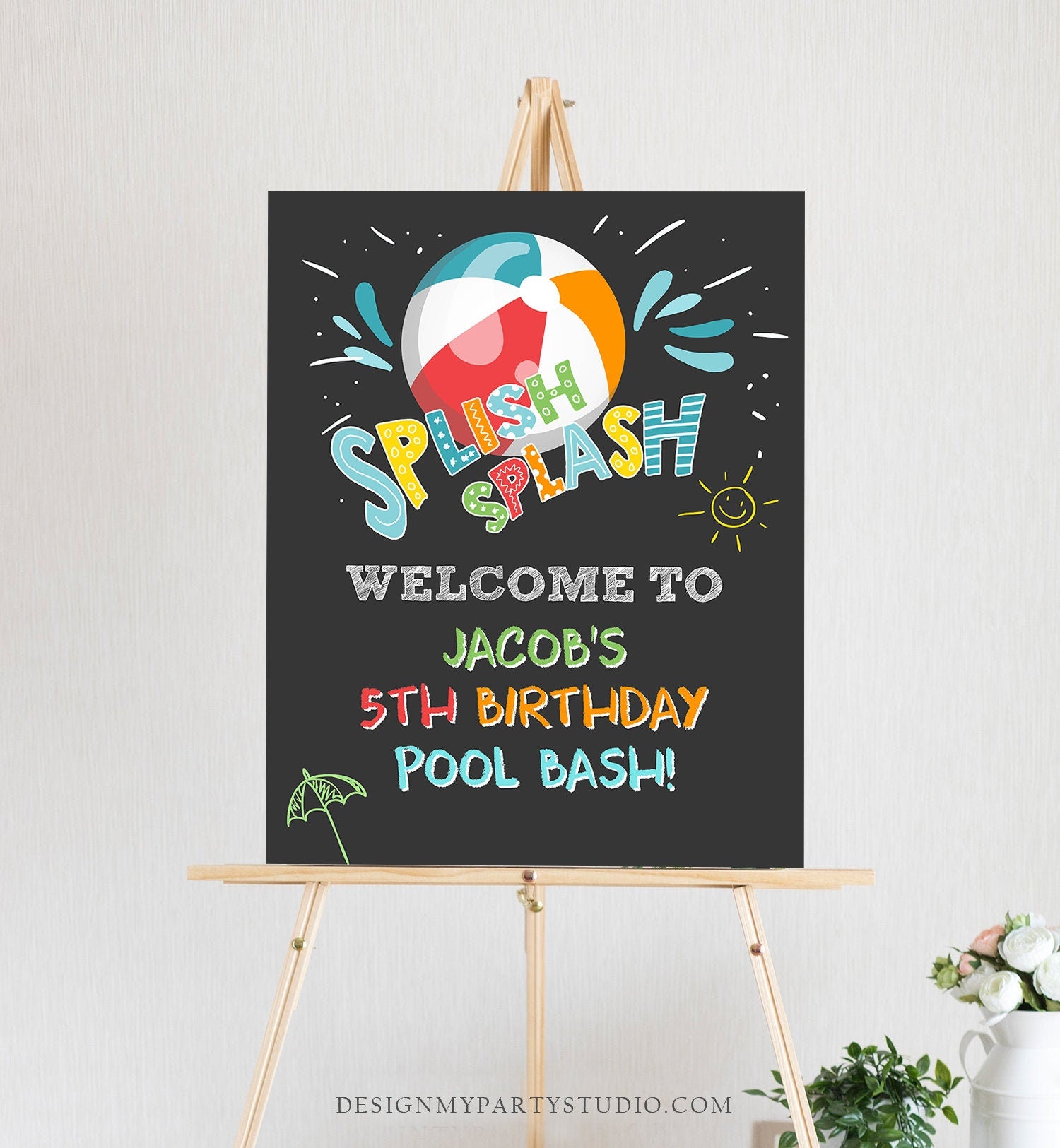 Editable Pool Party Welcome Sign Pool Party Birthday Beach Ball Pool Bash Boy Welcome Splish Splash Digital Download Template Printable 0169