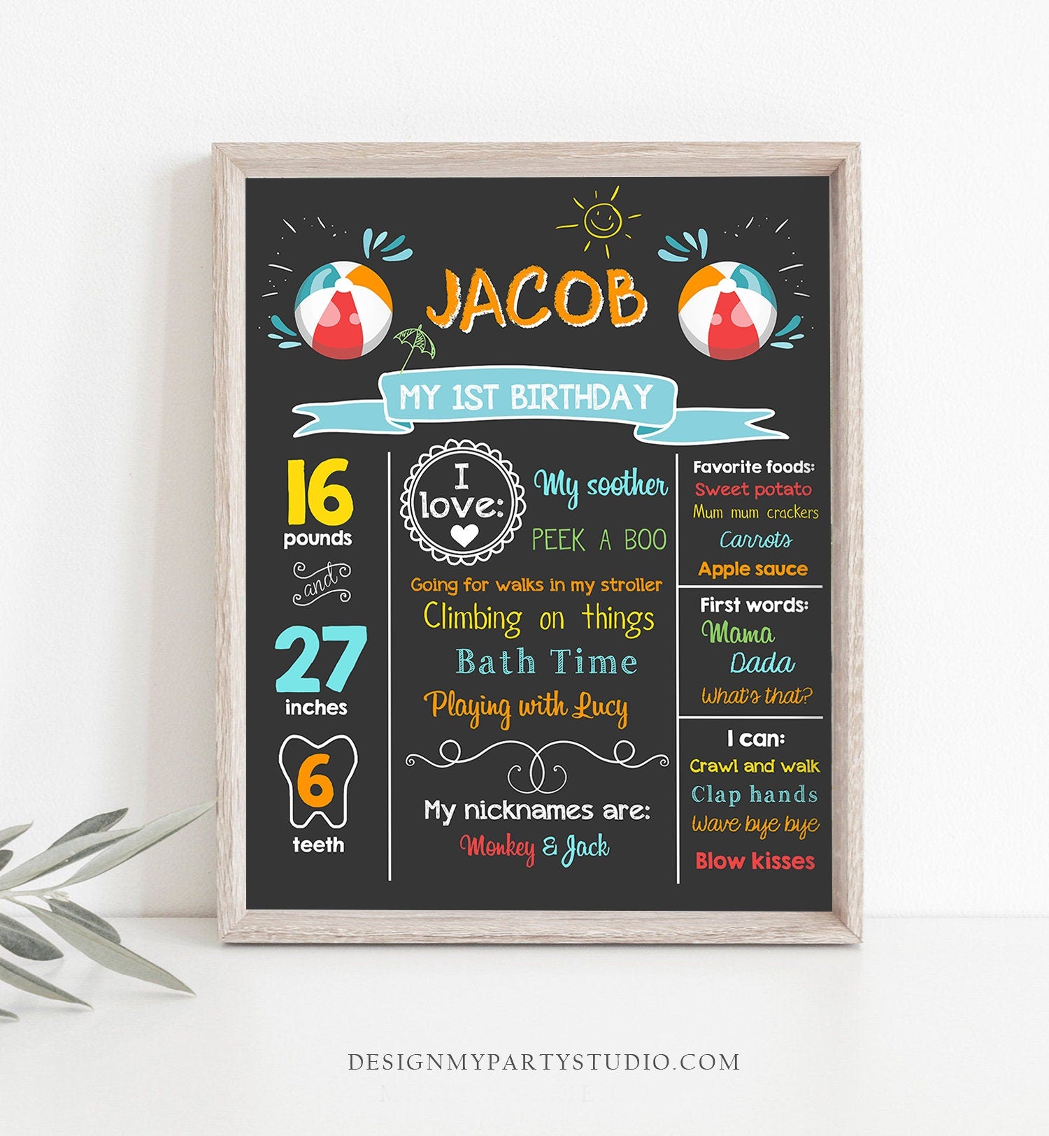 Editable Pool Party Birthday Milestones Poster Birthday Chalkboard Splish Splash Ball 1st Birthday Boy Download Printable Corjl 0169