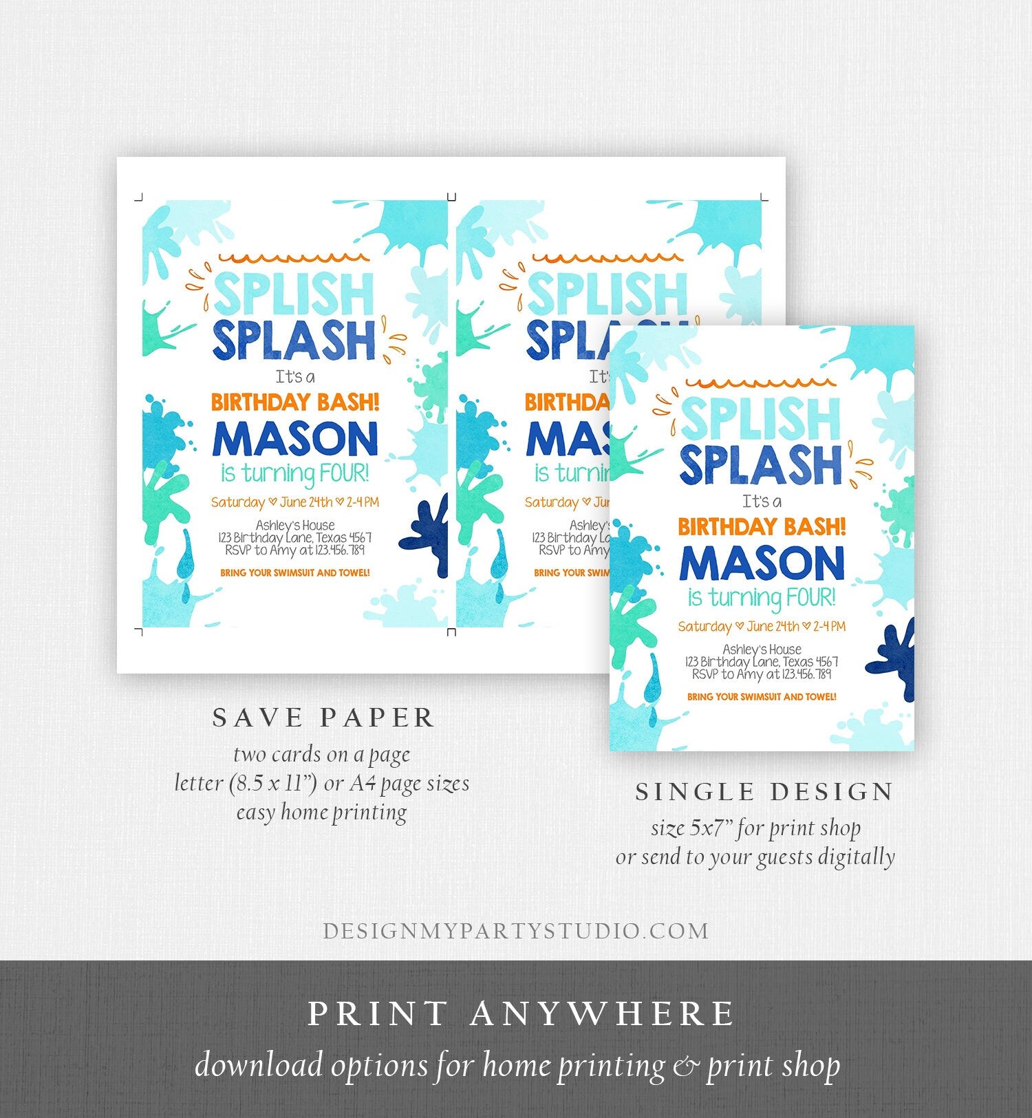 Editable Pool Party Invitation Splish Splash Birthday Invite Pool Party Bash Beach Swimming Summer Digital Download Template Printable 0237