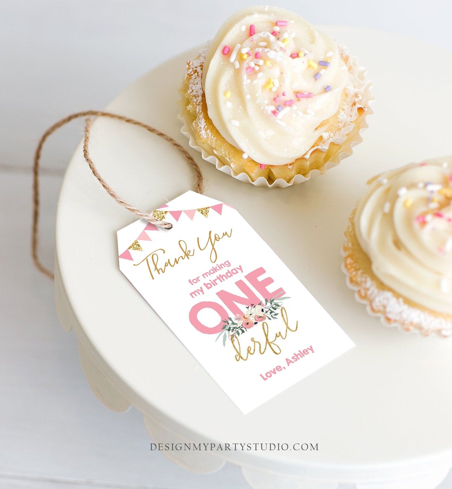 Editable Onederful Favor Tag Thank You Girl 1st First Birthday Party Gift Tag Pink Gold 1st Digital Download Template Printable 0165