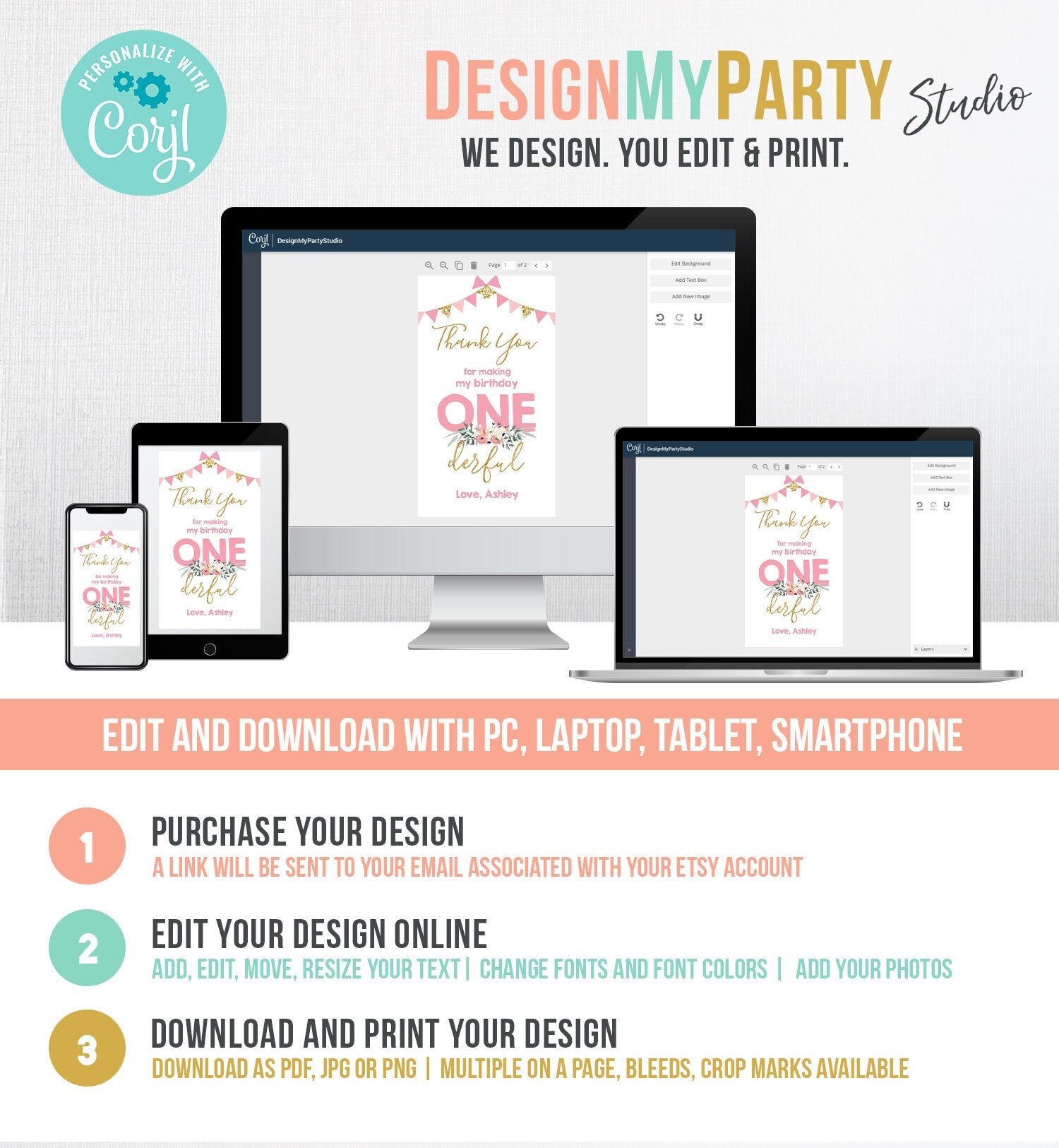 Editable Onederful Favor Tag Thank You Girl 1st First Birthday Party Gift Tag Pink Gold 1st Digital Download Template Printable 0165