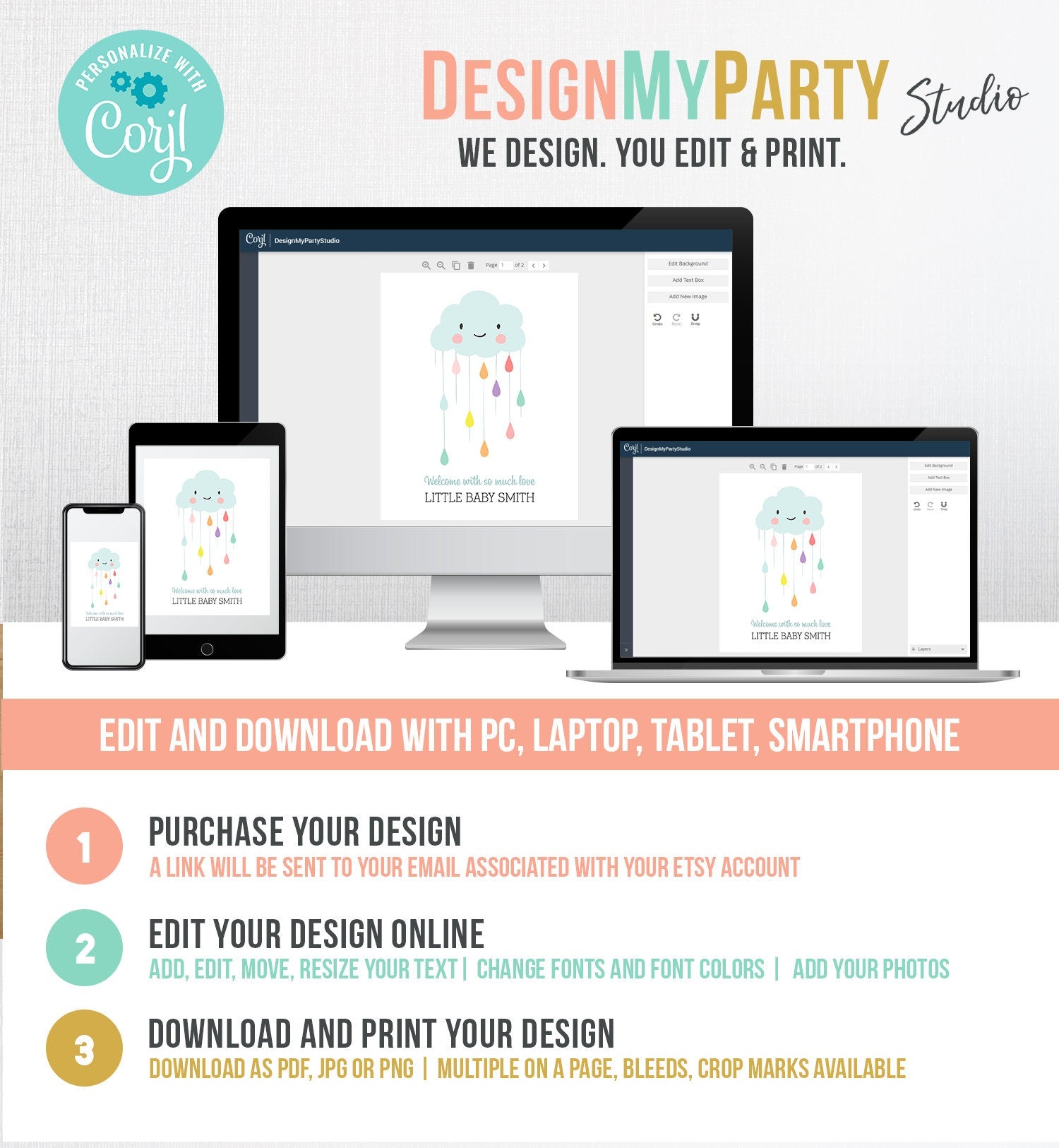 Editable Baby shower Fingerprint Guestbook Cloud Rain drop Thumbprint Guest Book Raindrops Sprinkle Neutral PRINTABLE Template Corjl 0036
