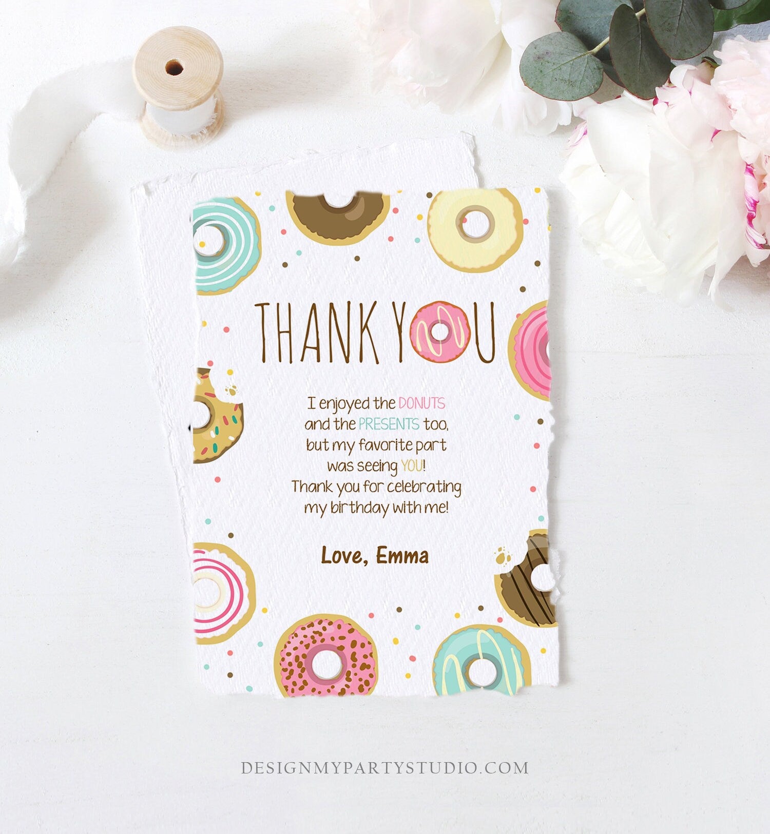 Editable Donut Thank You Card Note Pink Girl Birthday Party Doughnut Thank You Photo Sweet First Birthday 1st Corjl Template Printable 0050