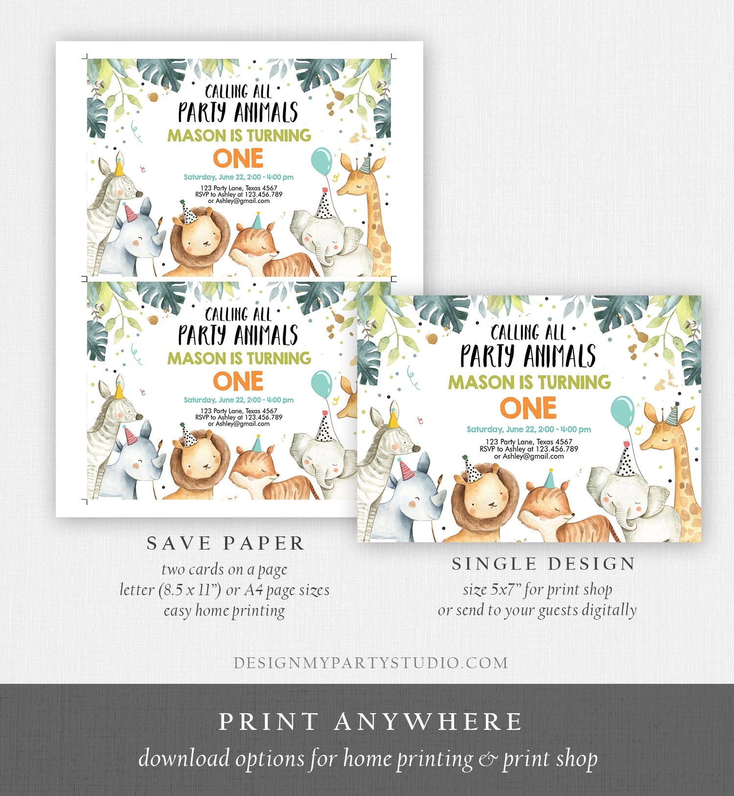 Editable Party Animals Birthday Invitation Wild One Animals Invitation Zoo Safari Animals Boy Digital Download Evite Template Printable 0163