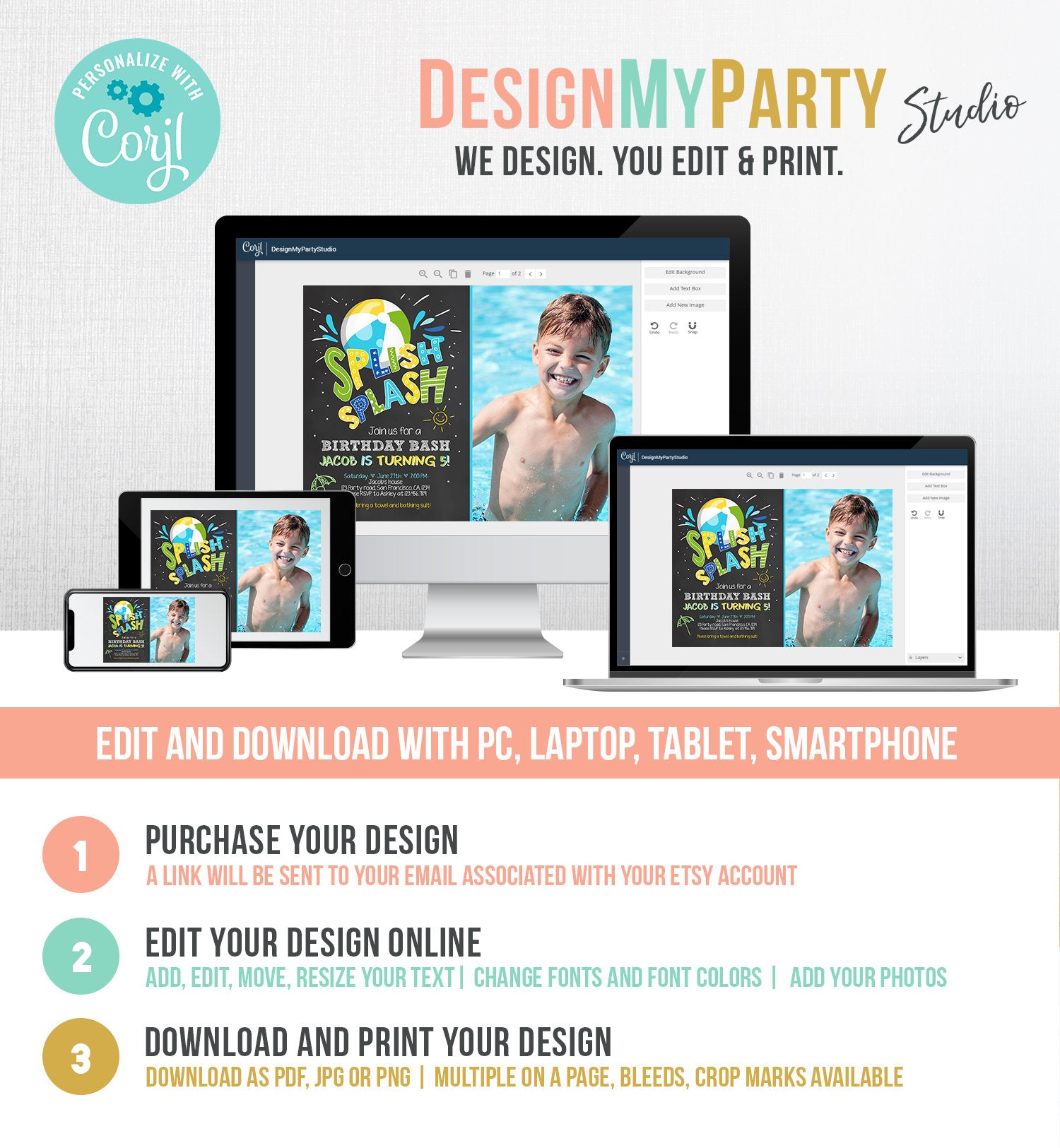 Editable Splish Splash Birthday Invitation Pool Party Boy Beach Ball Blue Green Birthday Bash Download Printable Invite Template Corjl 0169