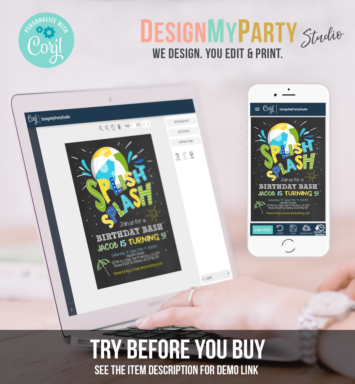 Editable Splish Splash Birthday Invitation Pool Party Boy Beach Ball Blue Green Birthday Bash Download Printable Invite Template Corjl 0169