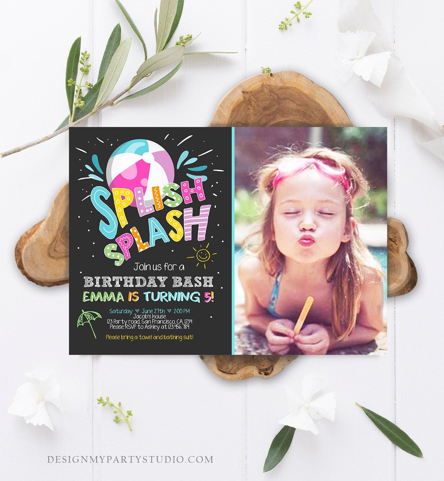 Editable Splish Splash Birthday Invitation Pool Party Beach Ball Pink Girl Birthday Bash Digital Download Template Printable Evite 0169