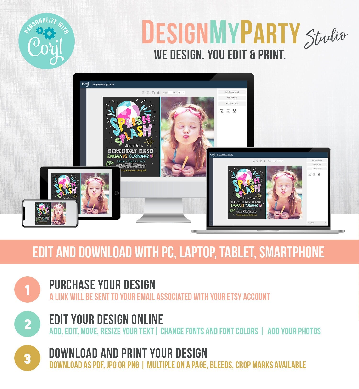 Editable Splish Splash Birthday Invitation Pool Party Beach Ball Pink Girl Birthday Bash Digital Download Template Printable Evite 0169