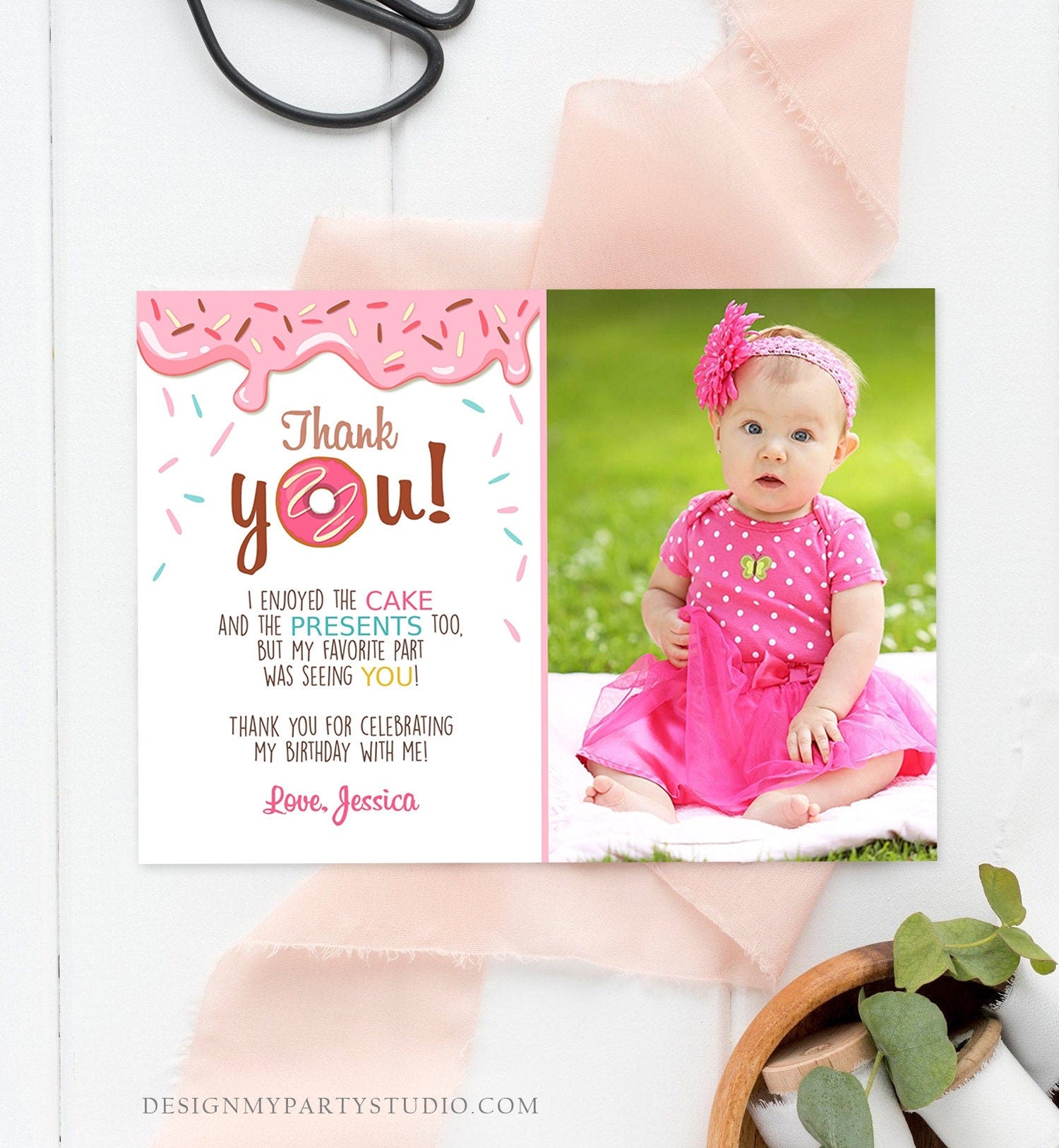Editable Donut Thank You Card Note Pink Girl Birthday Party Doughnut Thank You Photo Sweet First Birthday 1st Corjl Template Printable 0050
