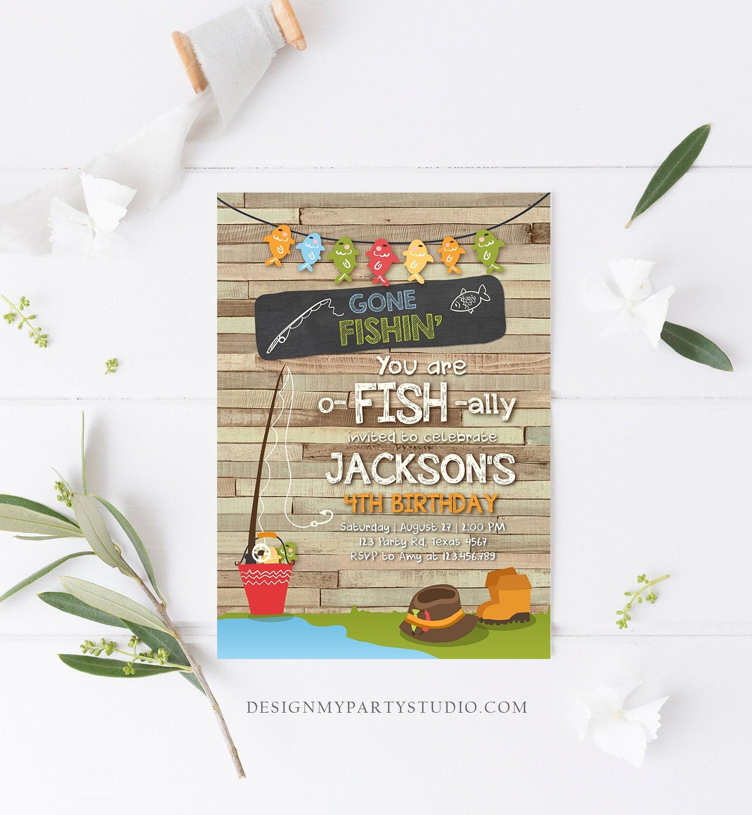 Editable Fishing Birthday Invitation Boy o-Fish-Ally Reeling the Big One Gone Fishing Fishin Digital Download Corjl Template Printable 0080