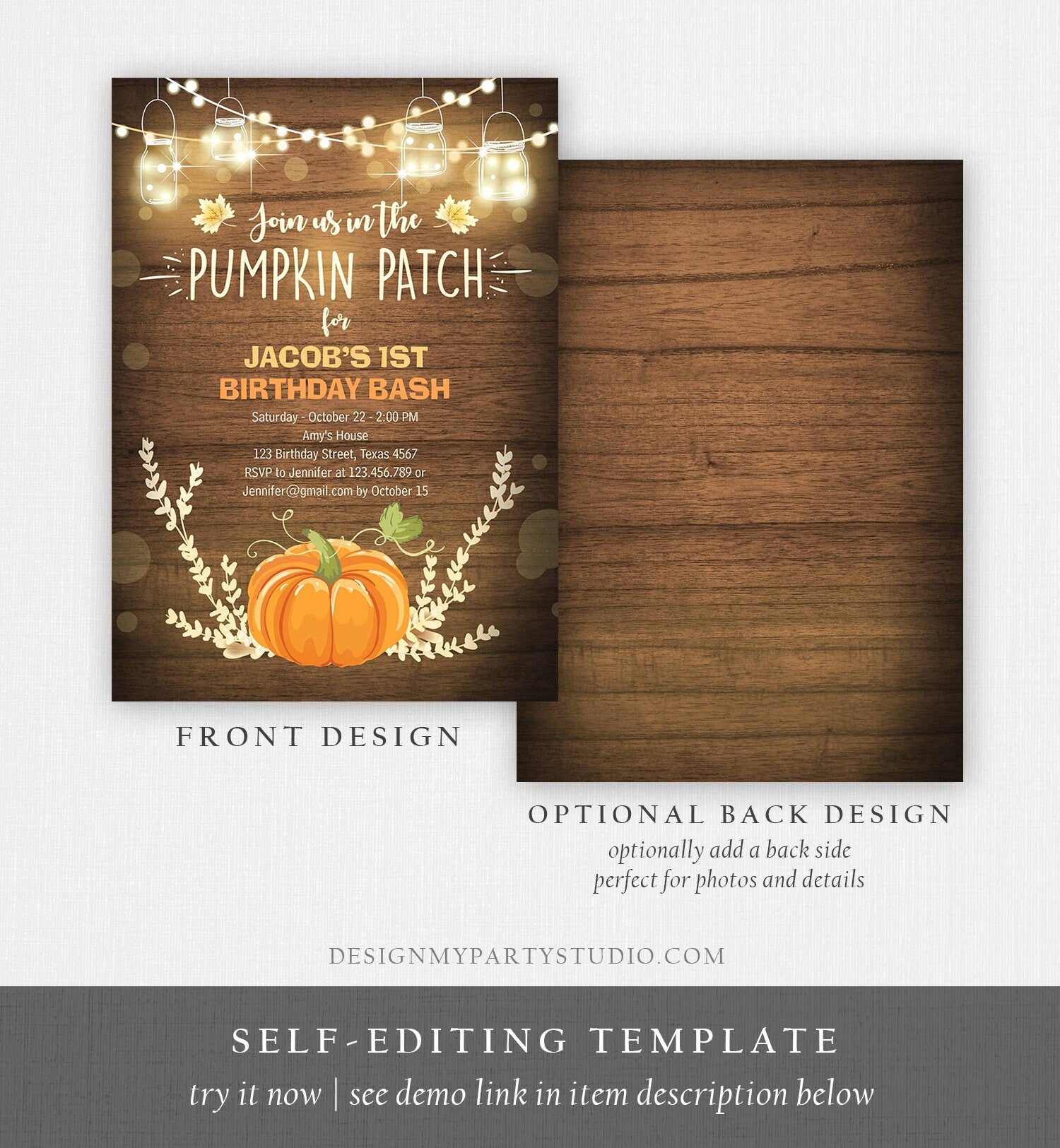 Editable Little Pumpkin Birthday Invitation Orange Pumpkin Patch Autumn Fall Rustic Boy Girl First Birthday Corjl Invitation Printable 0015