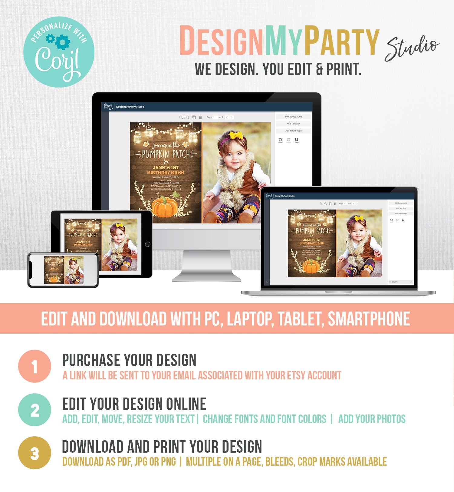 Editable Little Pumpkin Birthday Invitation Orange Pumpkin Patch Autumn Fall Rustic Boy Girl First Birthday Corjl Invitation Printable 0015