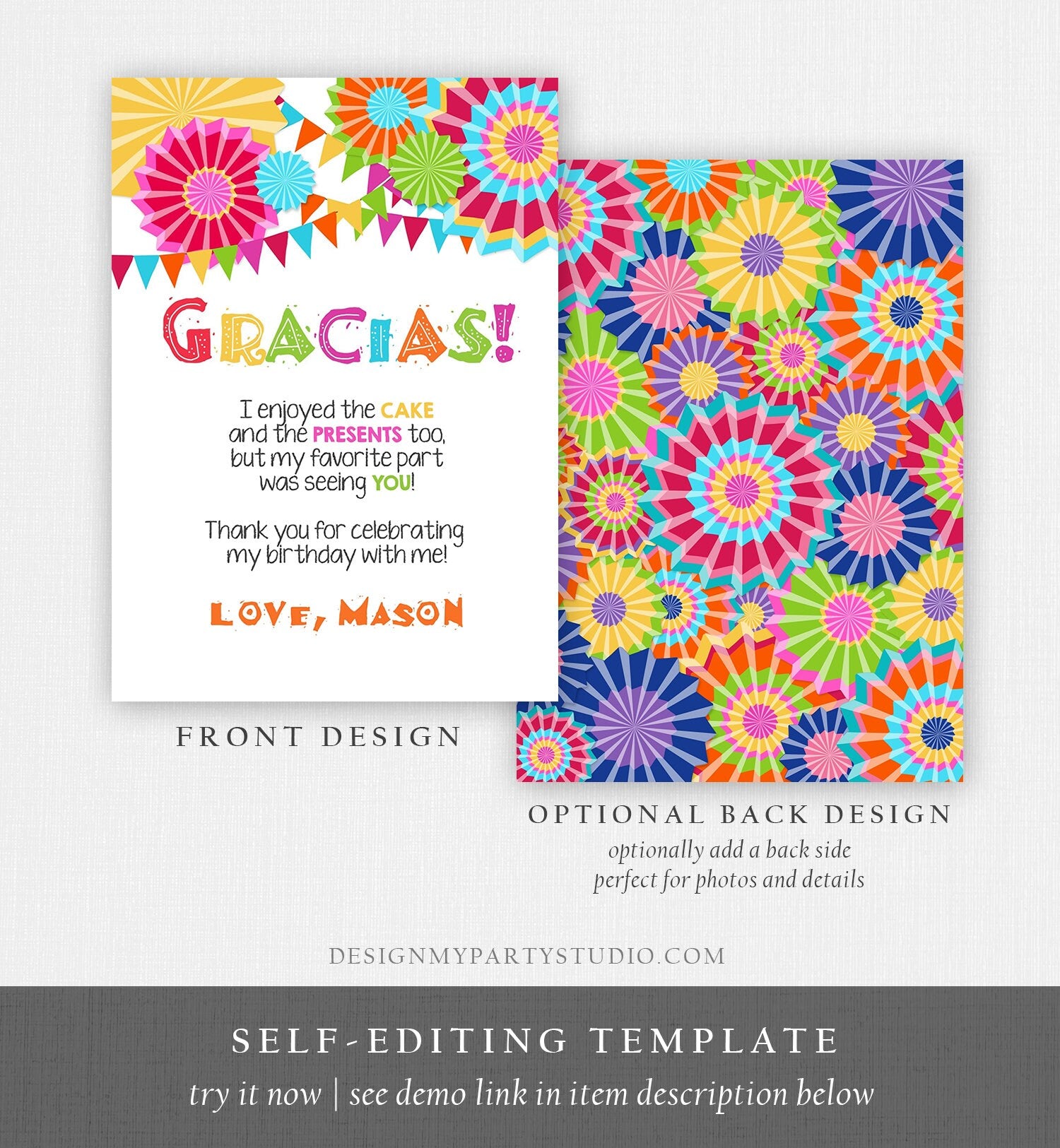 Editable Fiesta Gracias Thank You Card Mexican Birthday Party Baby Shower Graduation Note Digital Download Template Printable 0045