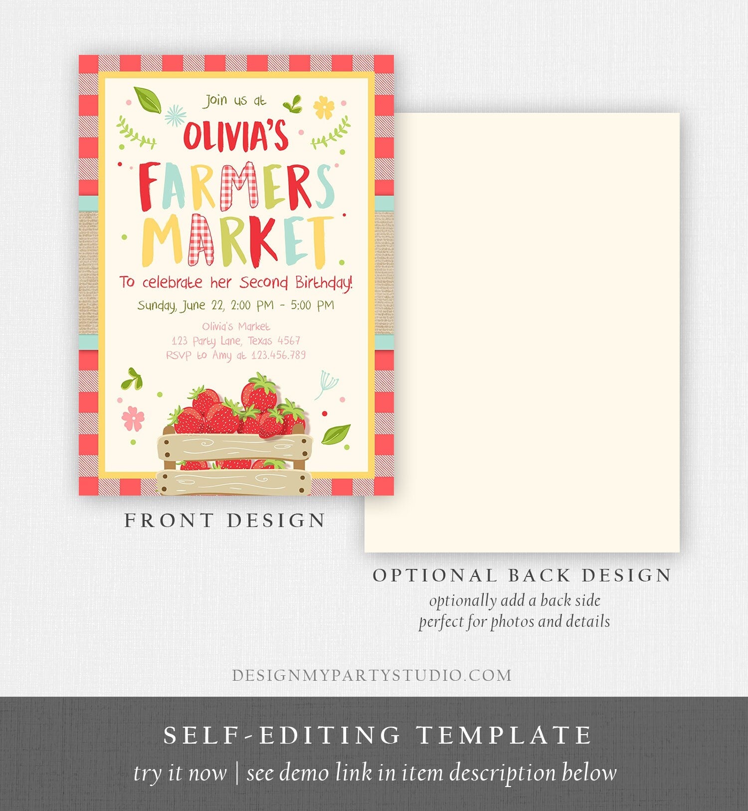 Editable Farmers Market Birthday Invitation Strawberry Home Grown Veggies Farm Fruits Market Download Printable Invite Template Corjl 0223