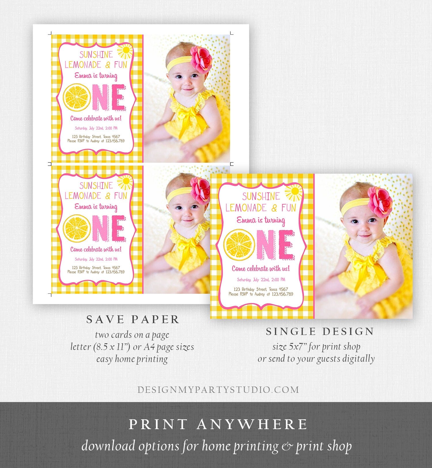 Editable Sunshine Lemonade Birthday Invitation Pink Girl Sunshine Party Lemonade and Fun Invite 1st Birthday Printable Template Corjl 0308