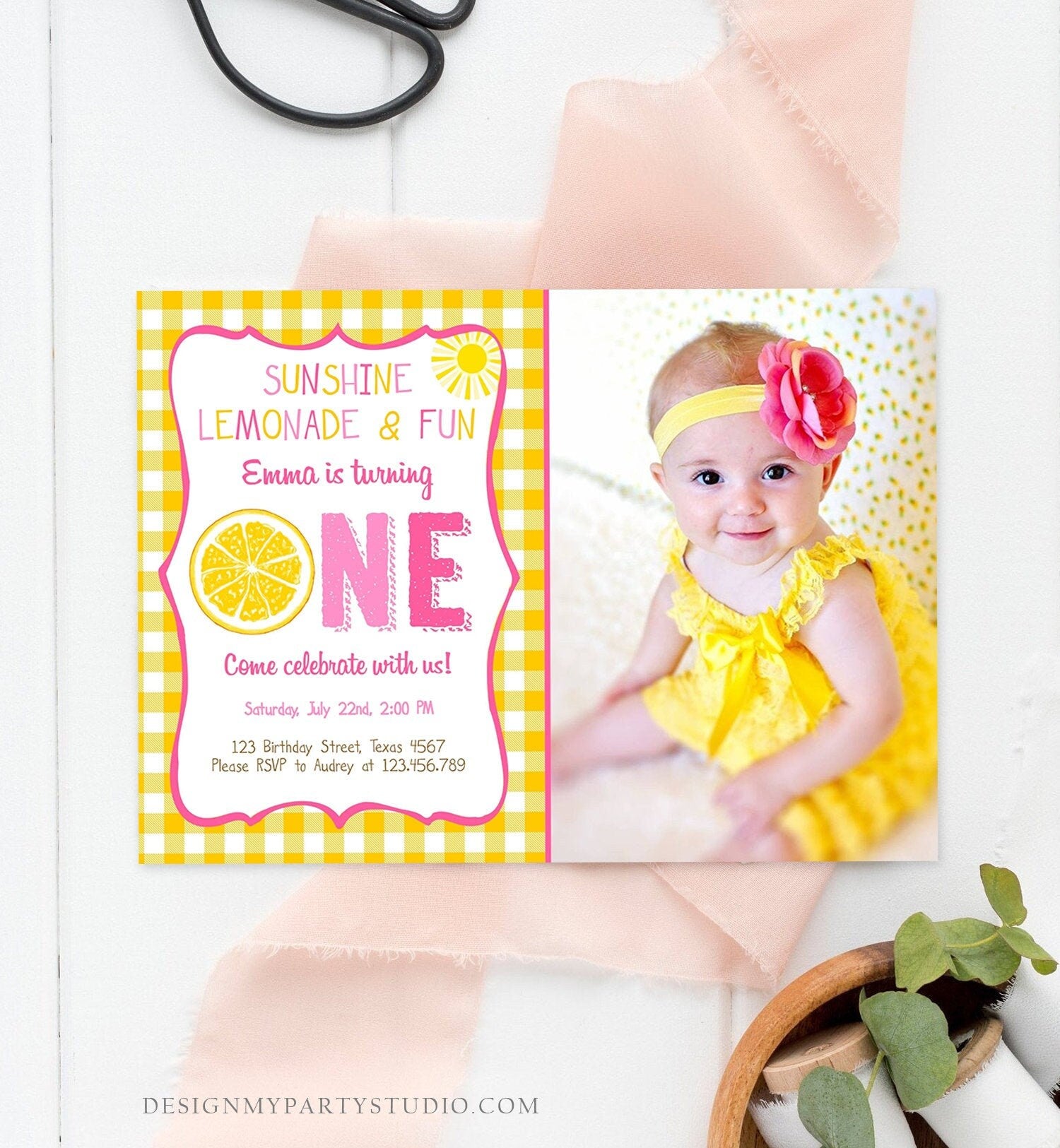 Editable Sunshine Lemonade Birthday Invitation Pink Girl Sunshine Party Lemonade and Fun Invite 1st Birthday Printable Template Corjl 0308