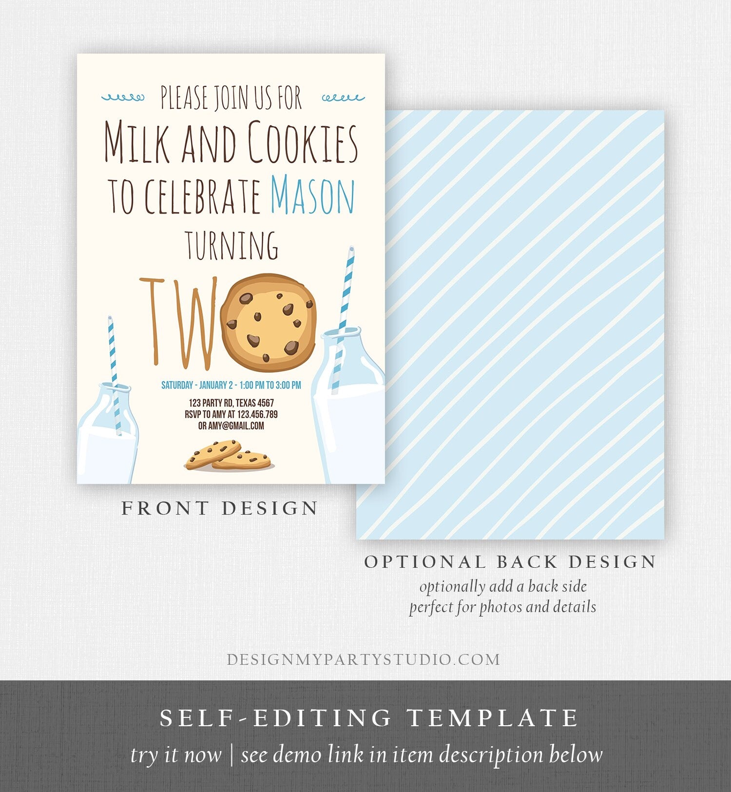 Editable Milk and Cookies Second Birthday Invitation Milk Cookies Party Boy 2nd Two Birthday Blue Digital Download Template Printable 0088