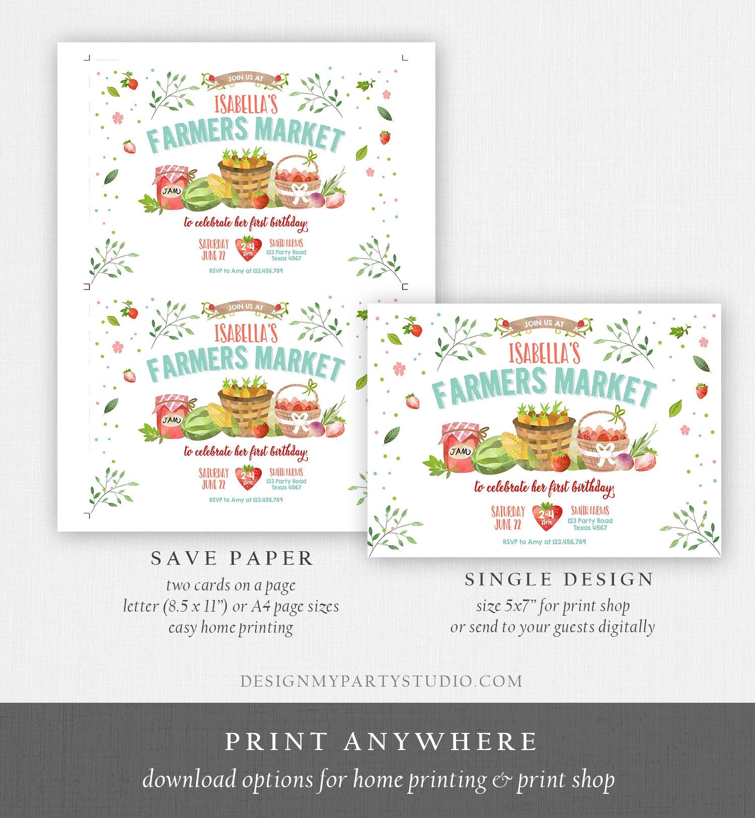 Editable Farmers Market Birthday Invitation Strawberry Farm Party Fruits Market Home Grown Digital Download Evite Template Printable 0144