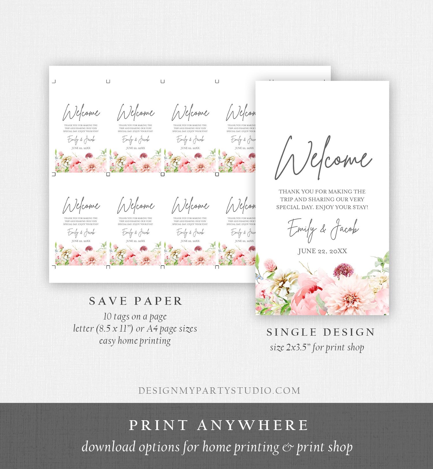 Editable Welcome Favor Tag Botanical Flowers Thank You Tags Bridal Shower Wedding Pink Flowers Foliage Peony Corjl Template Printable 0167