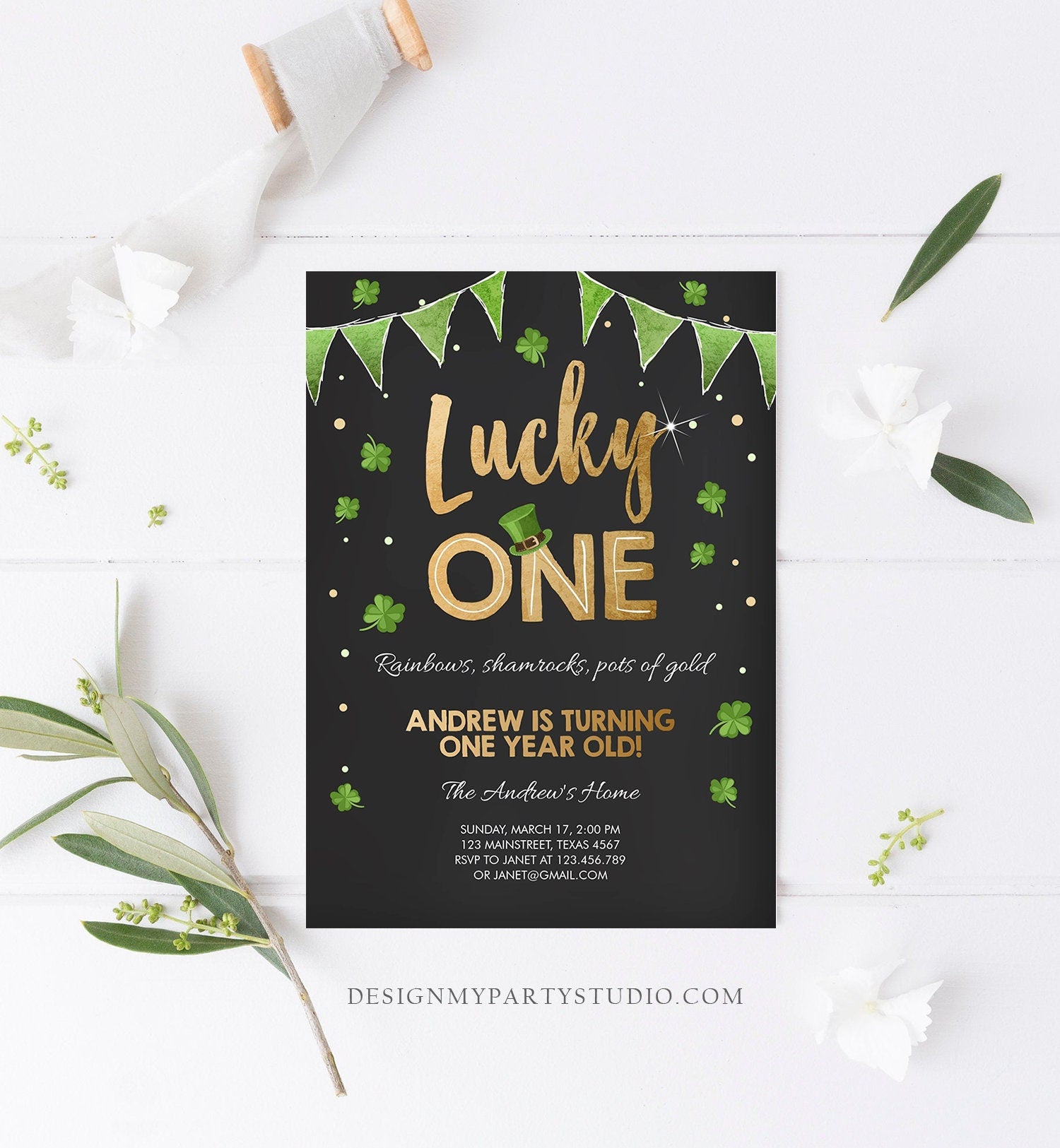 Editable St. Patrick's Day Birthday Invitation Shamrock Clover St Patricks day Birthday Lucky One Printable Invite Template Corjl 0115