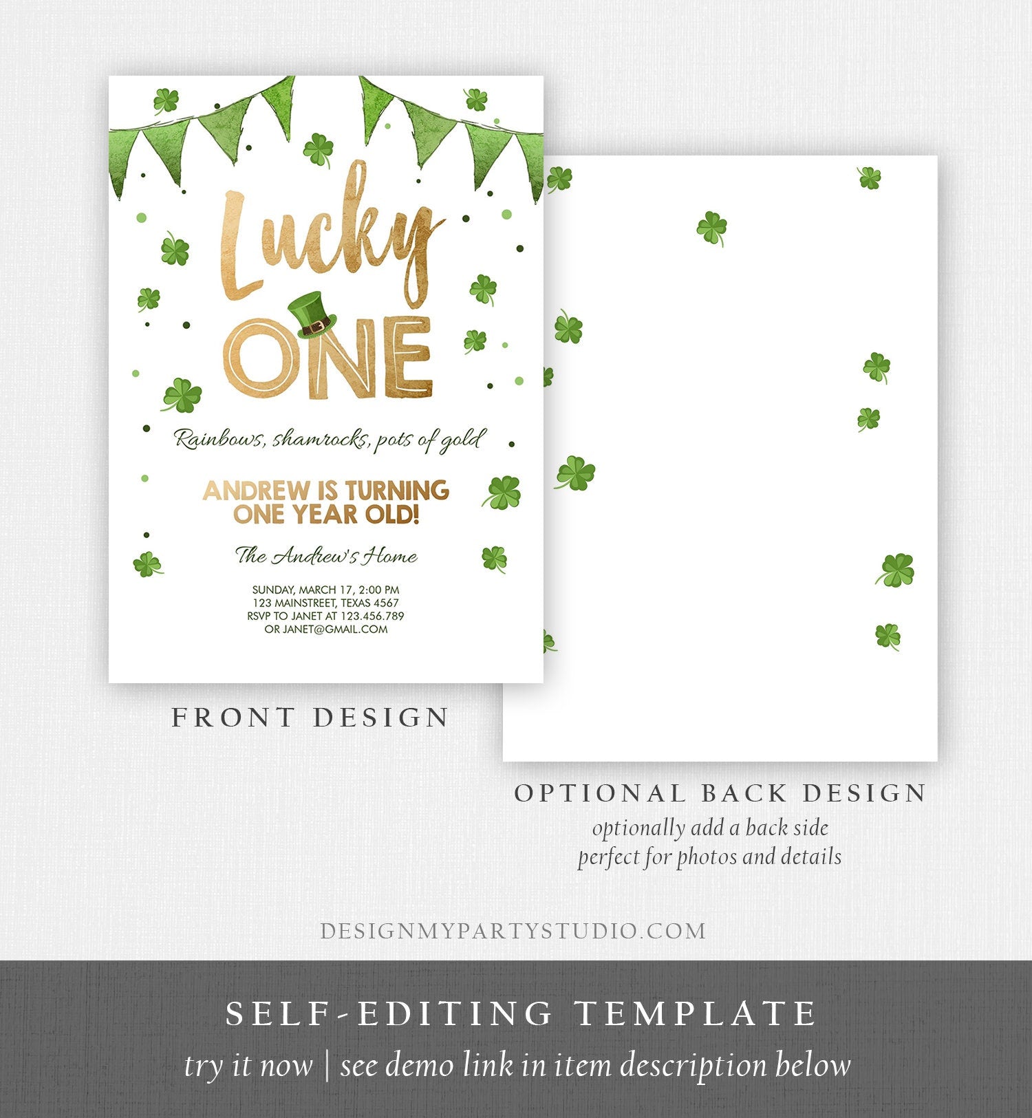 Editable Lucky One Birthday Invitation Shamrock Clover St Patricks Day Digital Download Template Printable 0115