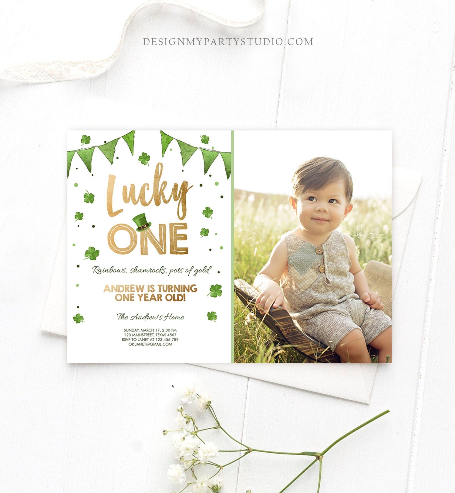 Editable St. Patrick's Day Birthday Invitation Shamrock Clover St Patricks day Birthday Lucky One Digital Download Template Printable 0115