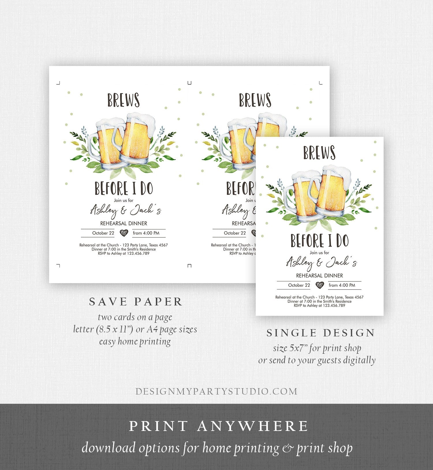 Editable Brews Before I Do Invitation Rehearsal Dinner Invitation Rustic Greenery Couples Shower Digital Download Template Printable 0190