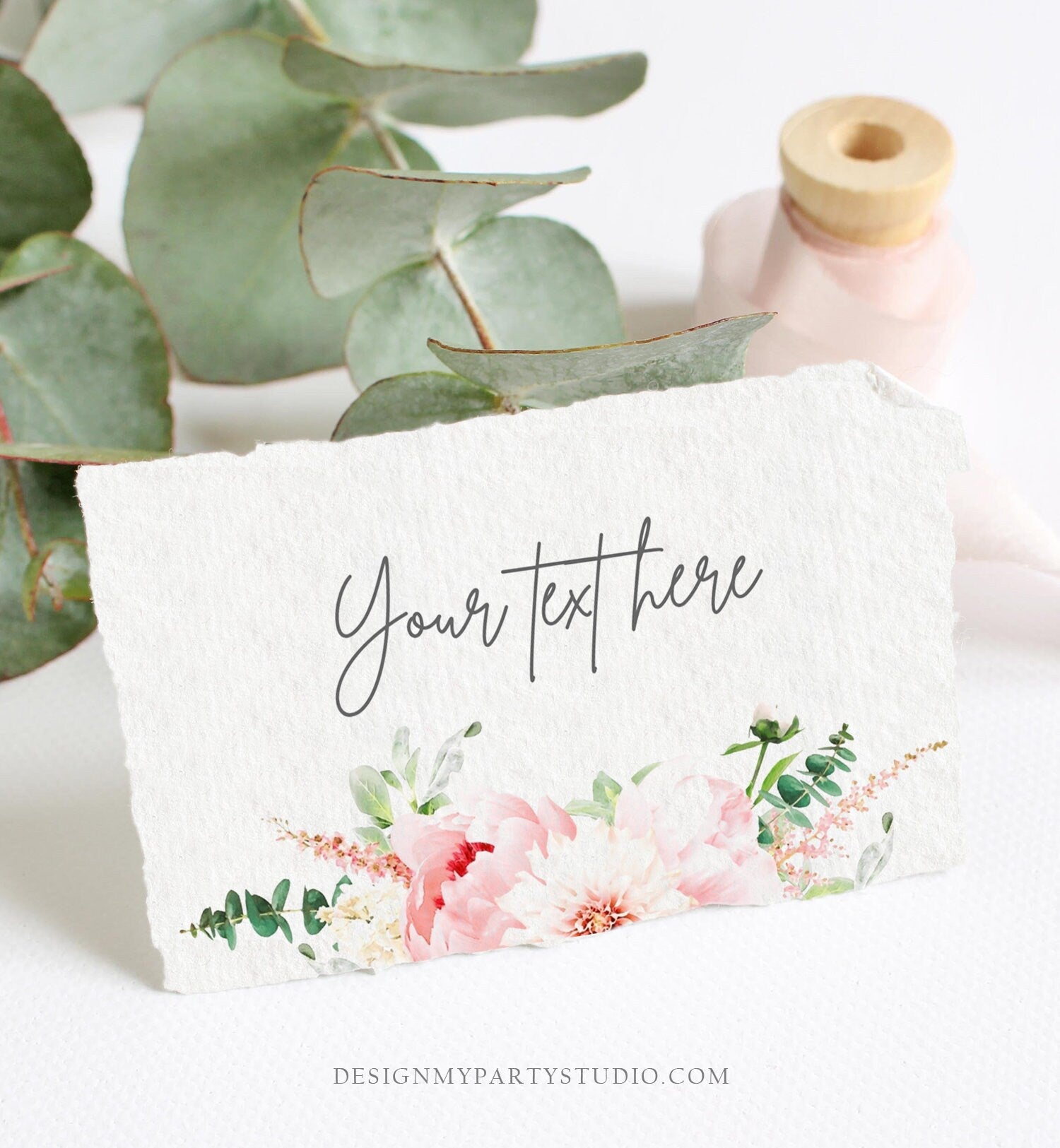 Editable Botanical Flowers Food Label Place Card Tent Card Escort Card Buffet Card Wedding Bridal Shower Pink Peony Corjl Template 0167