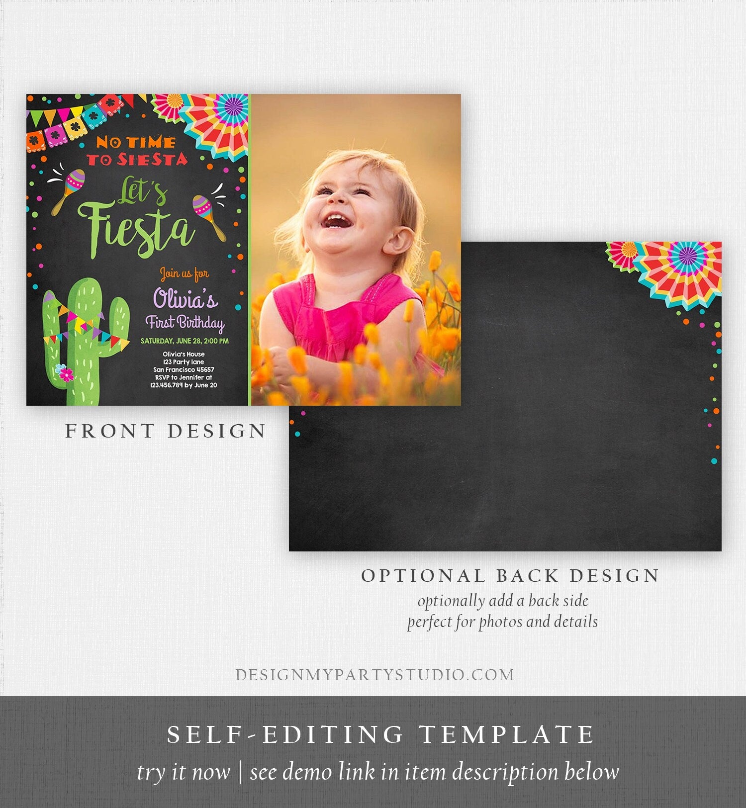 Editable Let's Fiesta Birthday Invitation No Time To Siesta Girl Cactus Samba Confetti First Birthday Download Corjl Template Printable 0045
