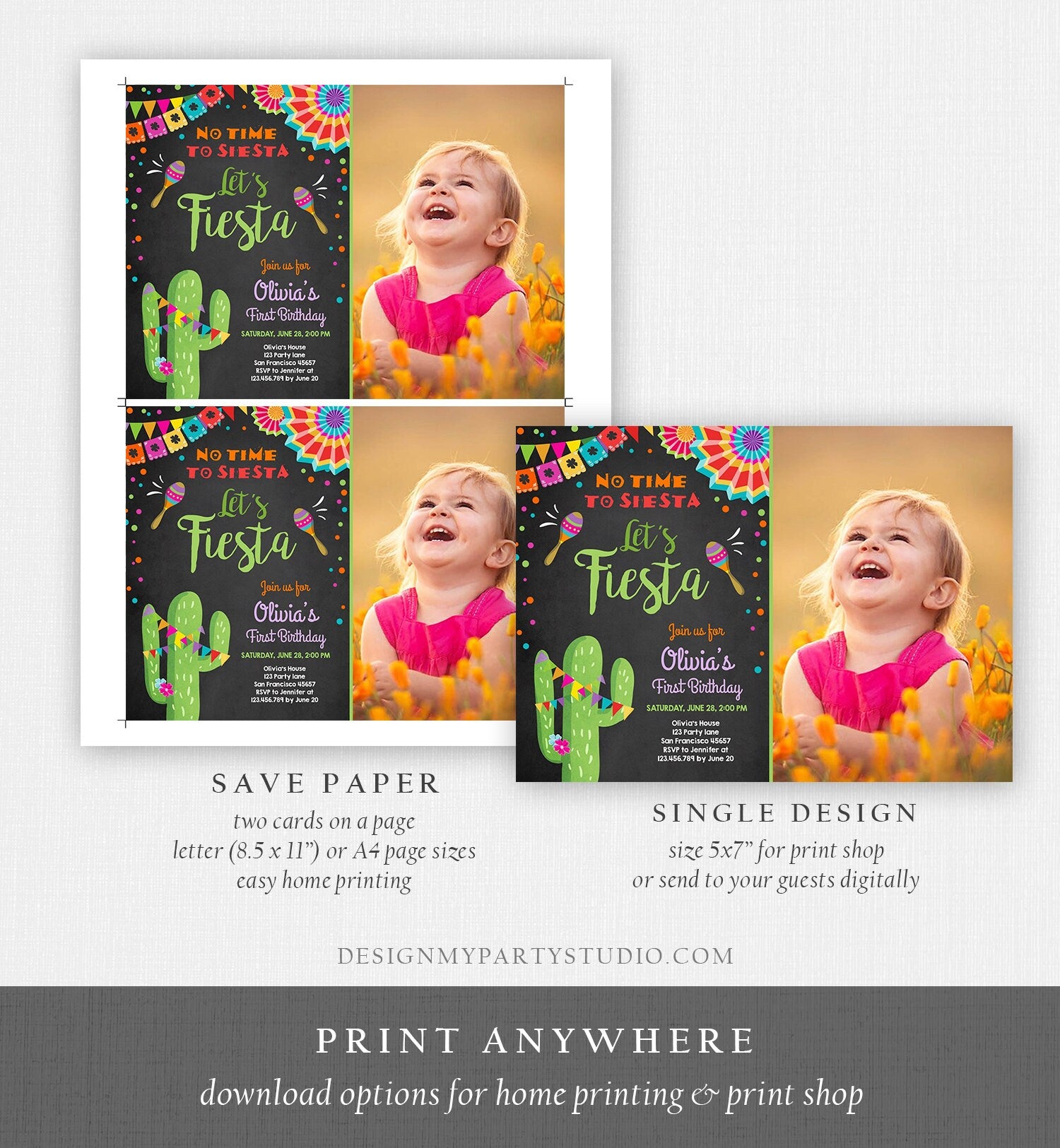 Editable Let's Fiesta Birthday Invitation No Time To Siesta Girl Cactus Samba Confetti First Birthday Download Corjl Template Printable 0045