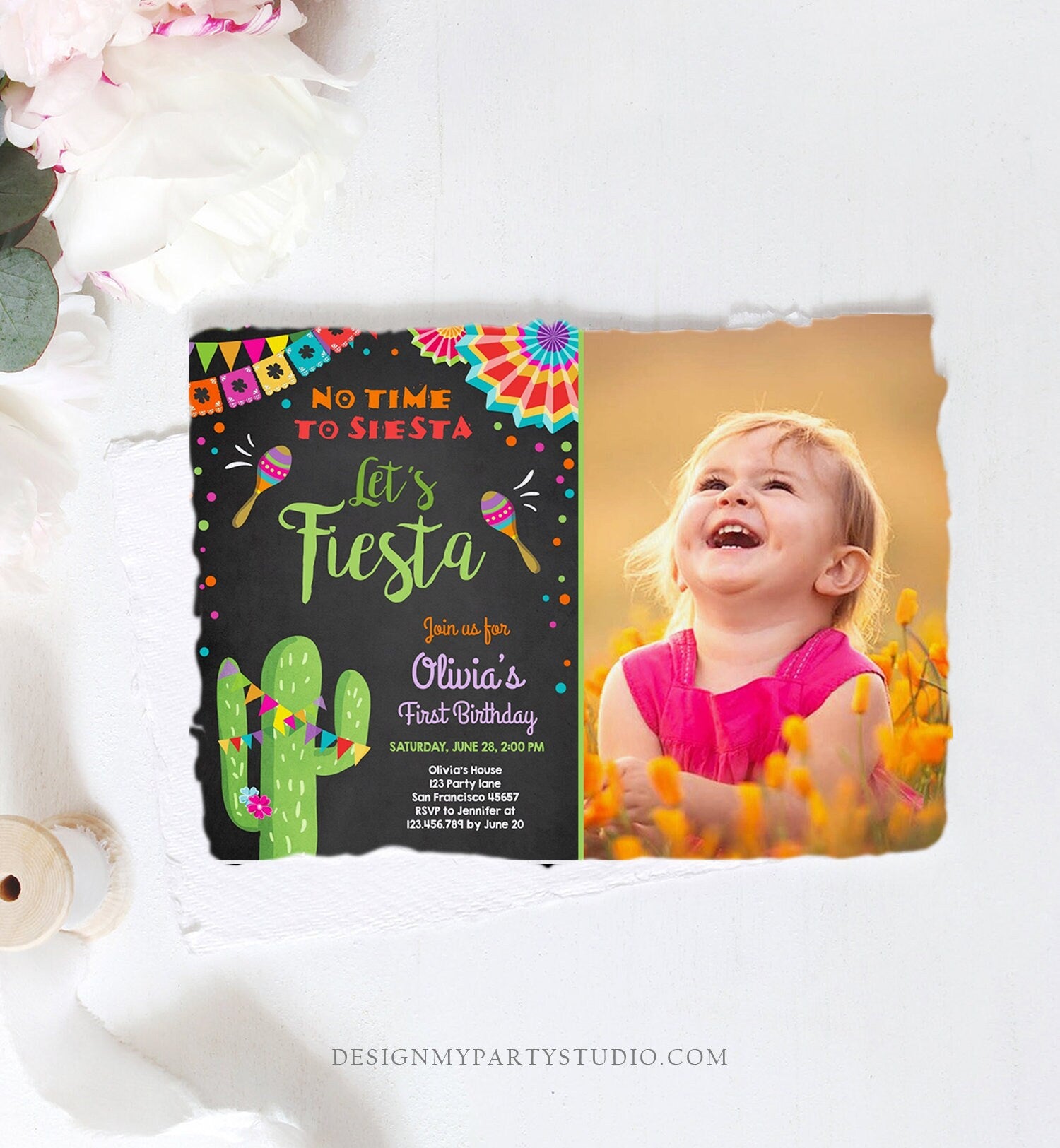 Editable Let's Fiesta Birthday Invitation No Time To Siesta Girl Cactus Samba Confetti First Birthday Download Corjl Template Printable 0045