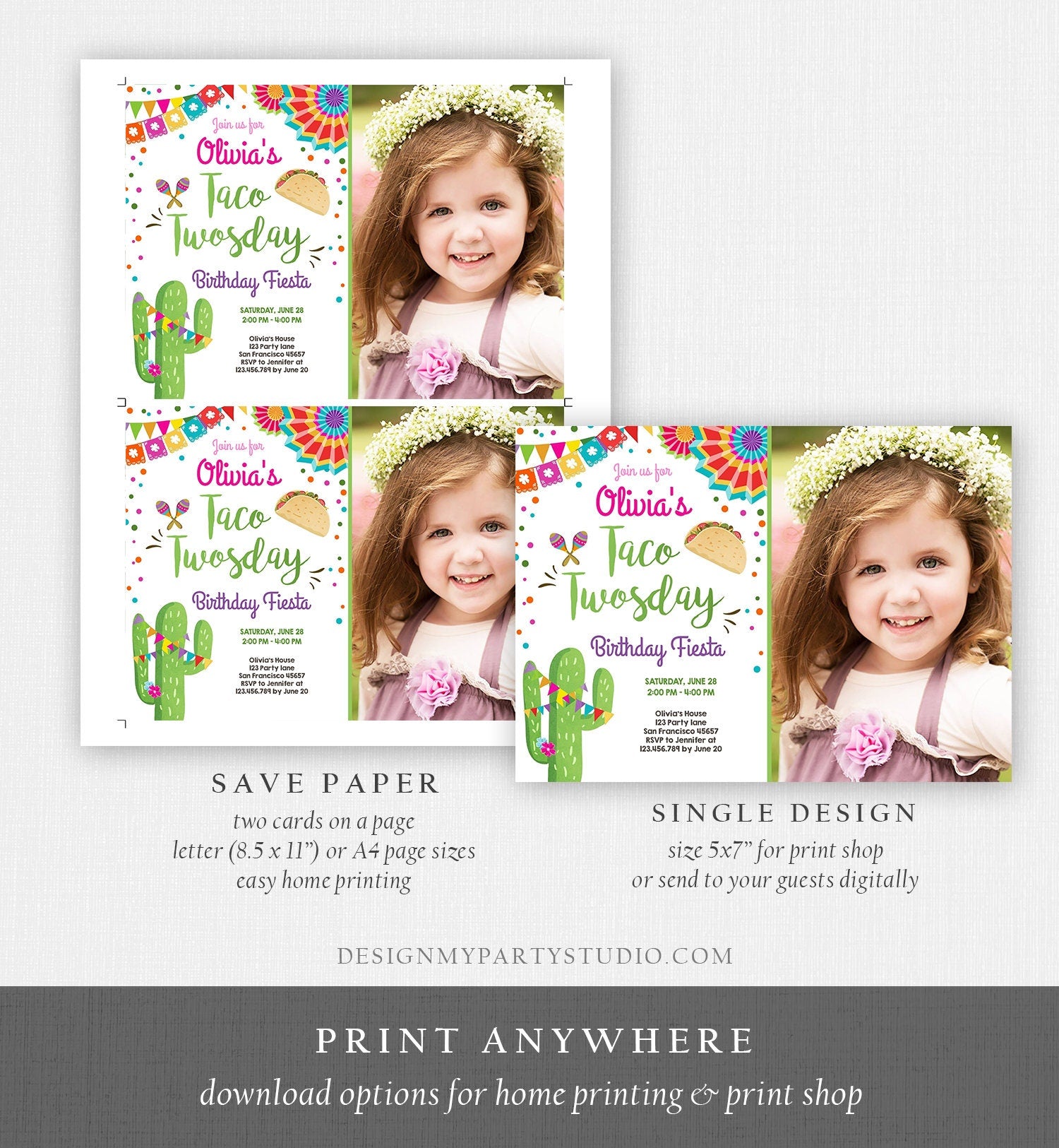 Editable Taco Twosday Invitation Girl Cactus Samba Twosday Second Birthday Fiesta 2nd Download Printable Invitation Template Evite 0045
